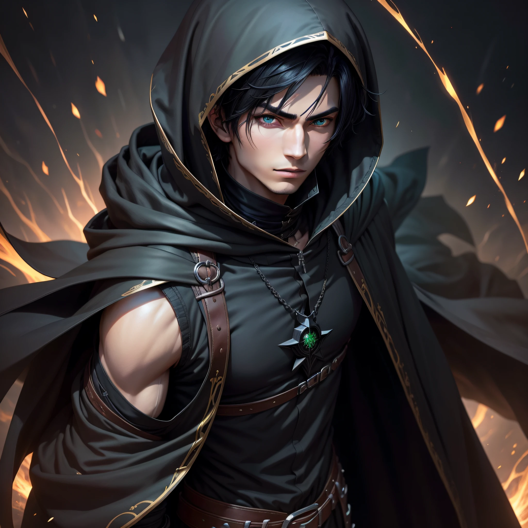 Dark mage, male, anime style, short black hair, black mantle with hood, black color, green magic, youth, European, normal eyes
Copy Prompt