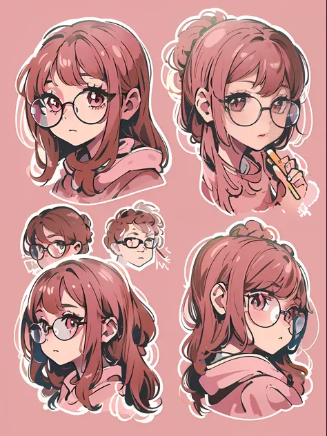 sticker, cute anime girl head, longhair style, wearing glasses, in circle, white Background, Bright pink, Simple, Ultra Detailed...
