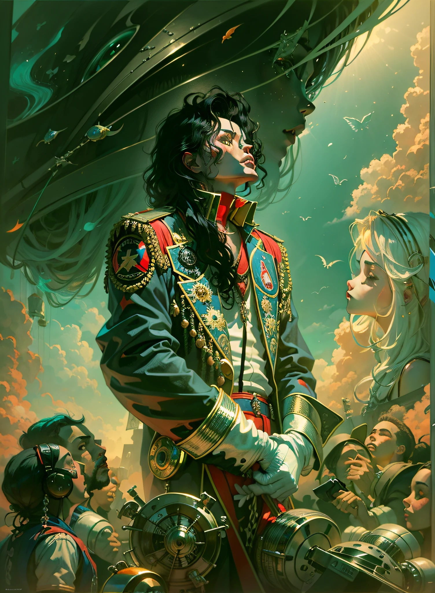 (michael jackson, detallado),(Fantasía, Onírico, surrealismo),(Muy bonita),(tendencia en artstation),ángulo bajo,Ilustración de Jim Burns