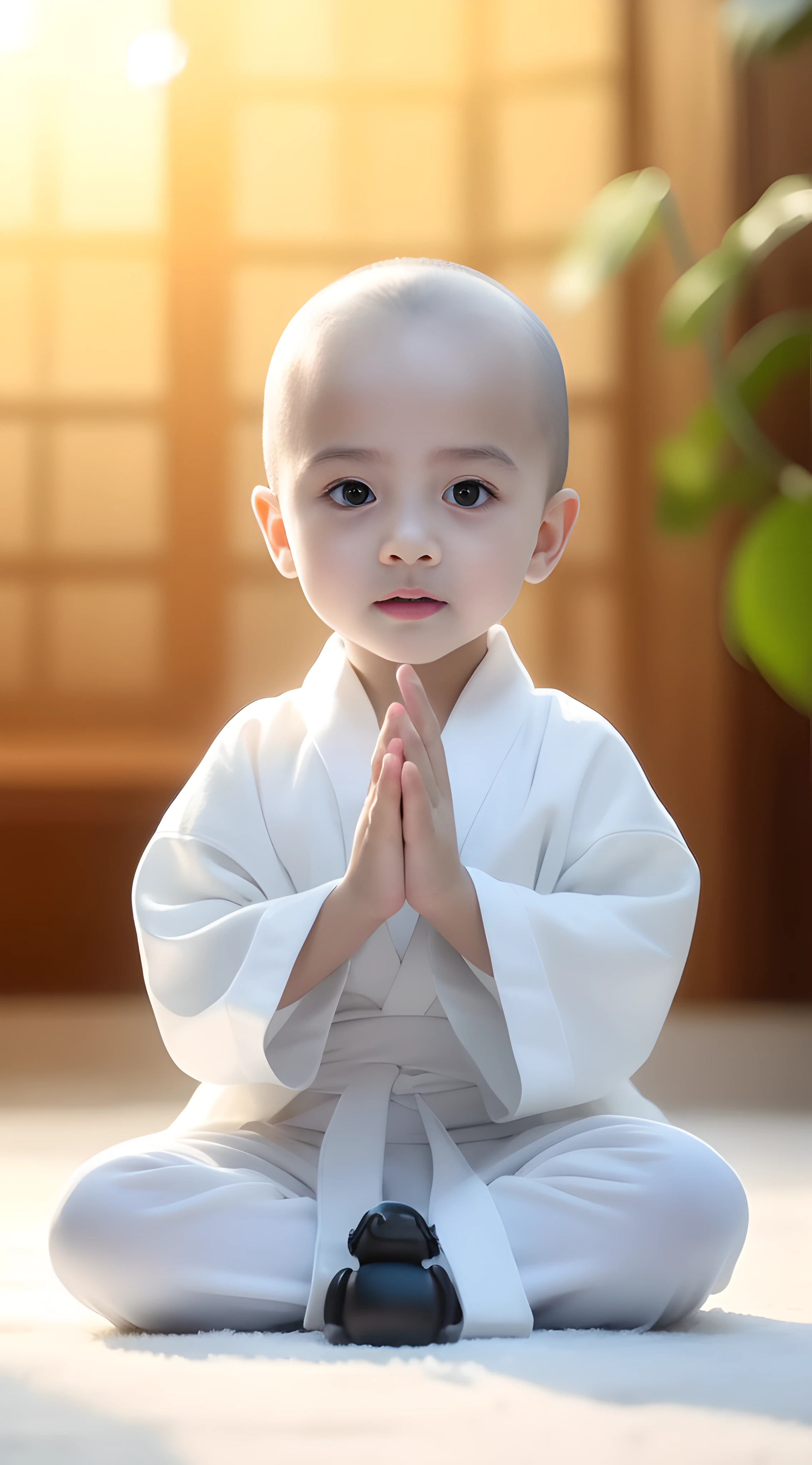 Close-up of a  sitting on the ground in a white robe, he is greeting you warmly, dressed in simple robes, peaceful expression, prayer meditation, blessing hand, little boy wearing nun outfit, peace, wearing white robes with!, very calm and wholesome, a serene smile, young wan angel, Serene expression, Buddhist, wearing white robes with, yanjun cheng，bald-headed