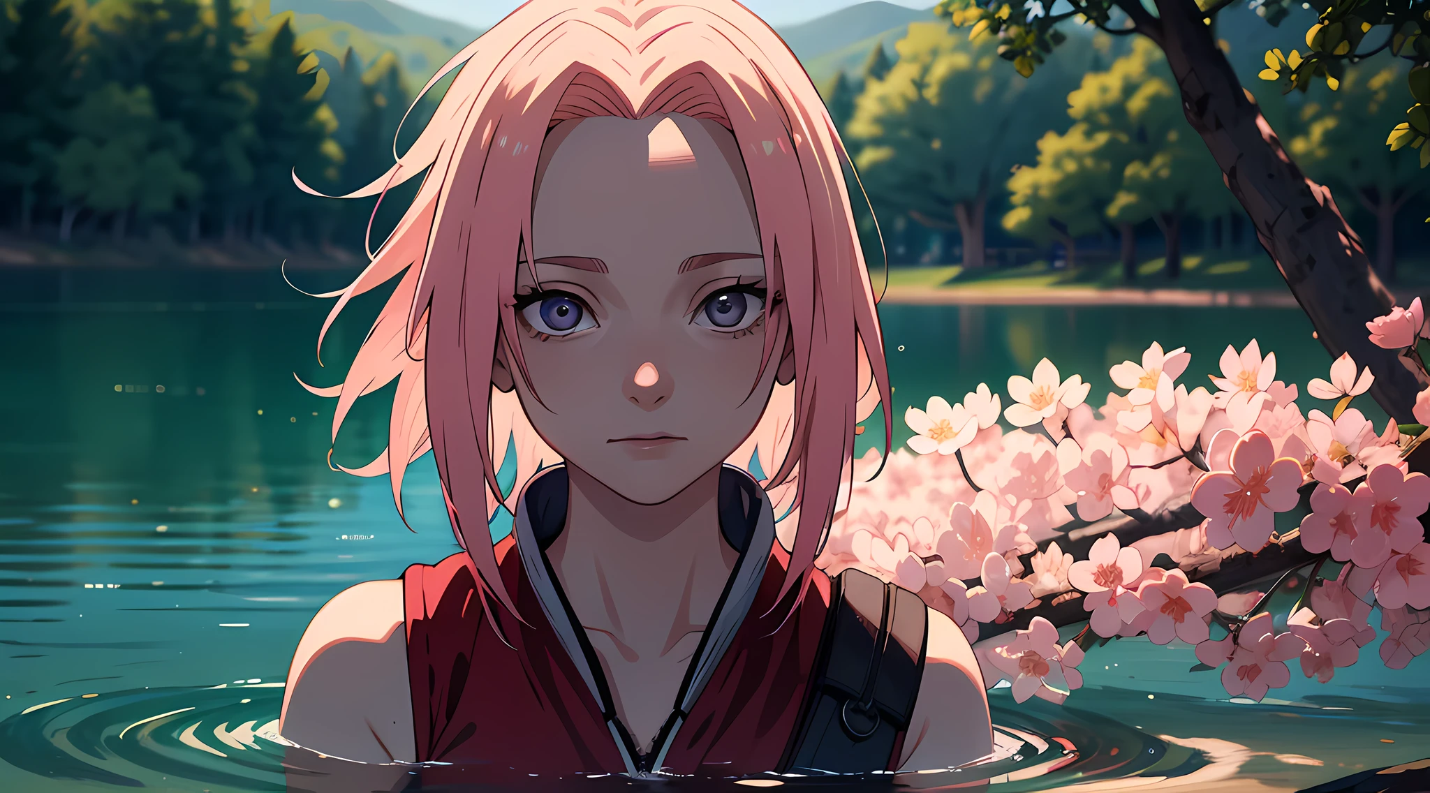 sakura haruno, (In a lake), Masterpiece, Best quality, hyper qualit, absurd details, Best light, Best shadow, Sharp, Clear picture, Detailed face, Detailed eyes, detailed hairs, Detailed, Extremely detailed, A high resolution, 8K, 4K, hyper HD, Ray tracing, beautiful effects