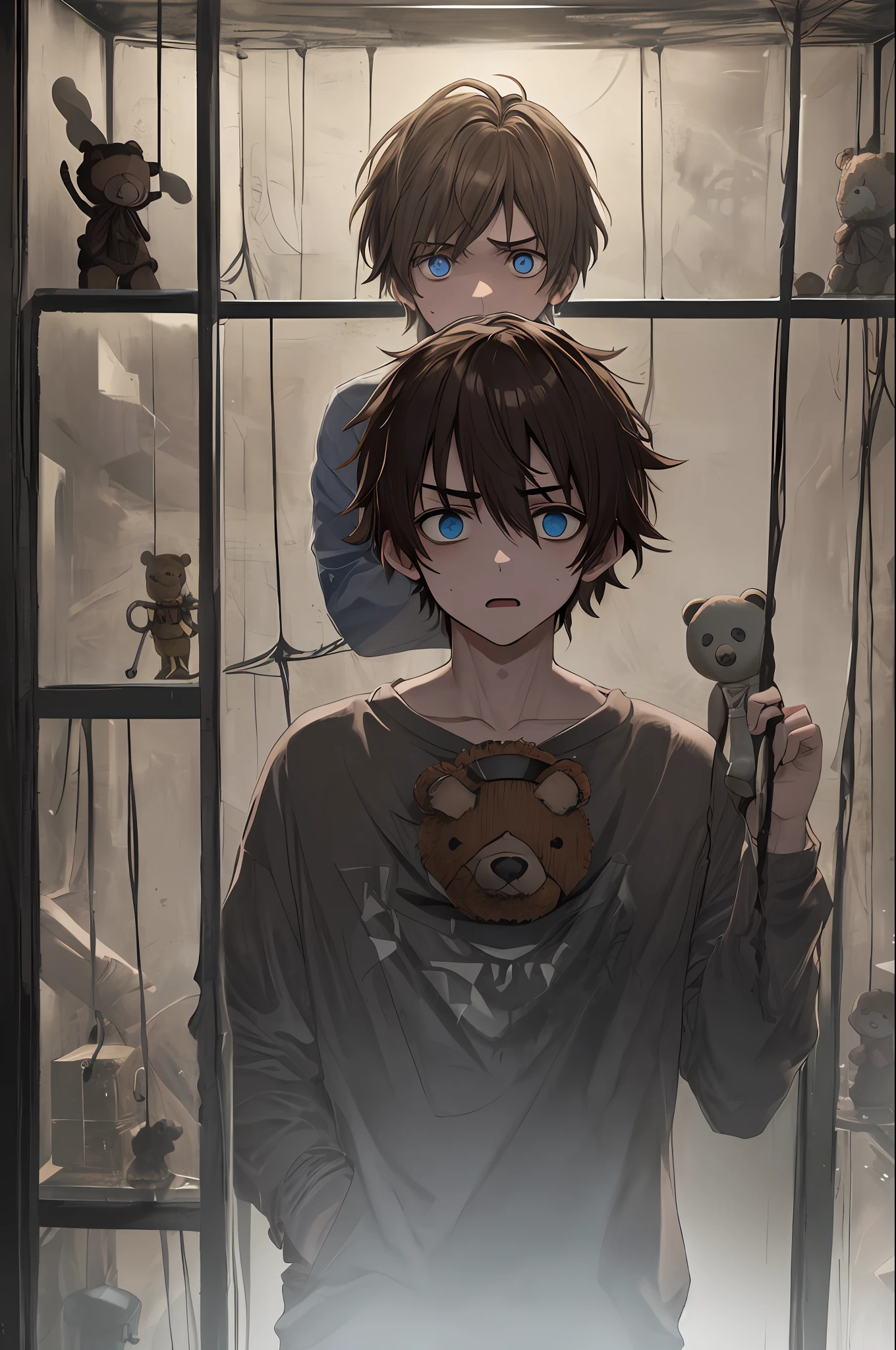 1boys, Brown hair, Blue eyes, (cowboy_Shot:1.2), Face focus, Exposed short hair, side locks, Scared,(terrified:1.1) expression, holding teddy bear, Atmospheric lighting, Moody, Darkness, Clear glass display case full of interesting items, Dusty, Post-apocalypse, spiderwebs, masterful, Beautiful 8k wallpaper, Extremely detailed, Intricate，Being in love