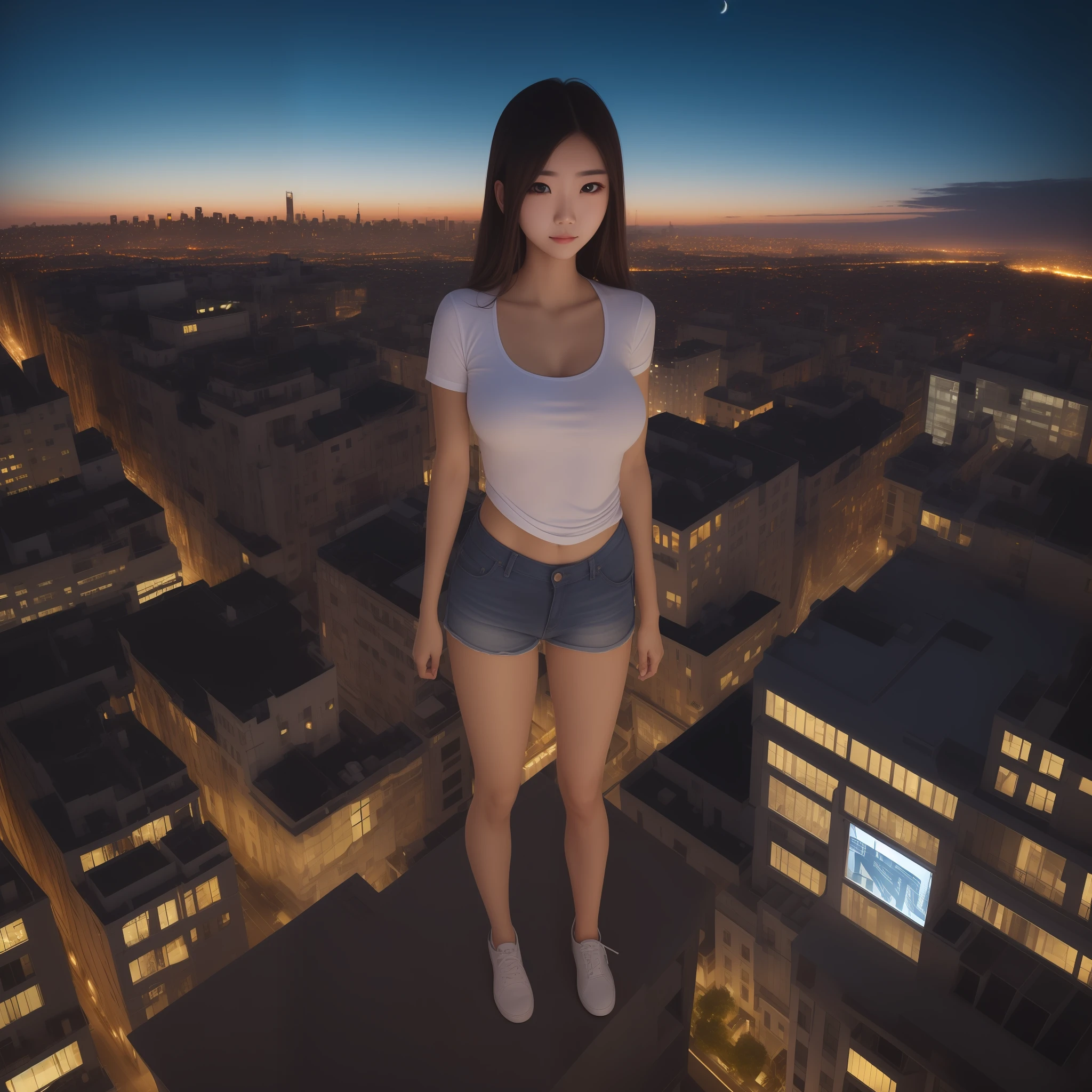 ((Midnight, Best quality, 8k, Masterpiece :1.3)), Whole body, Long legs, Sharp focus :1.2, A pretty woman with perfect figure :1.4, Slender abs :1.1, ((Dark brown hair, Big breasts :1.2)), (White tight tshirt, Jean bib, Standing:1.2), ((Night city view, Rooftop:1.3)), Highly detailed face and skin texture, Detailed eyes, Double eyelid --auto