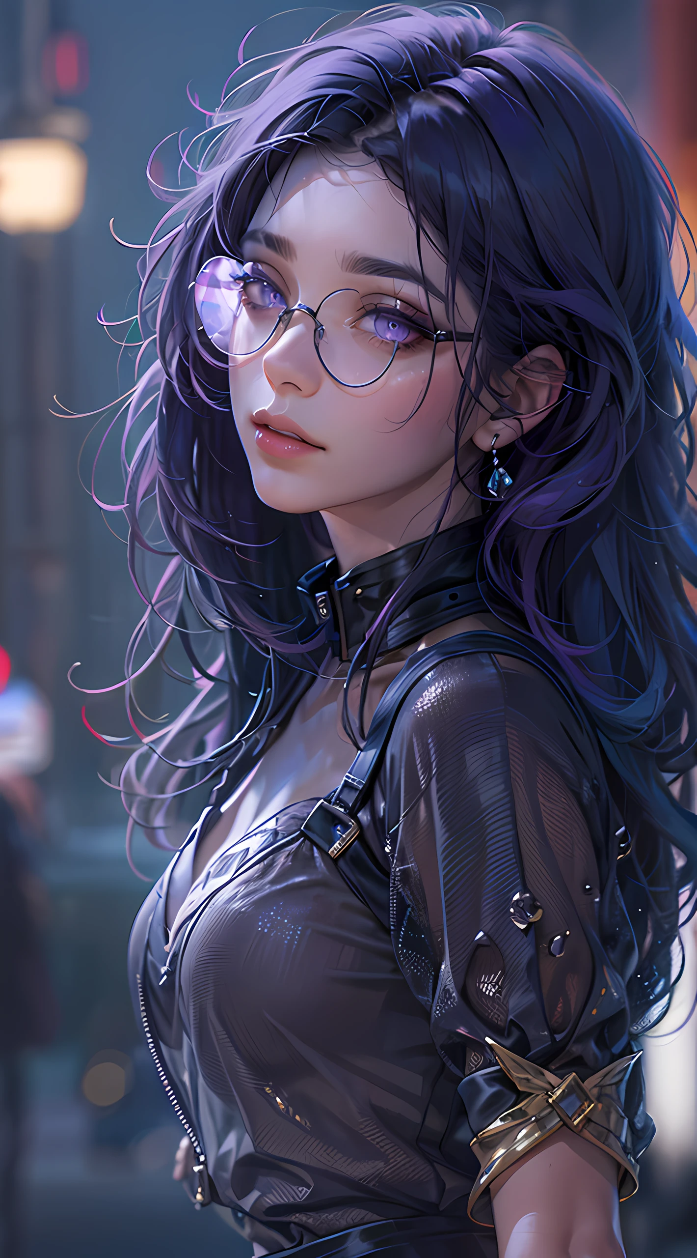 realistic,( photo-realistic), ultra hires, (masterpiece, top quality, best quality, official art, beautiful, raw photo, (high detailed skin:1.2), detailed woman face, kafka, purple eyes, purple hair, eyewear on head, long eyelashes, delicated eyebrows, beautiful lips, high detailed eyes