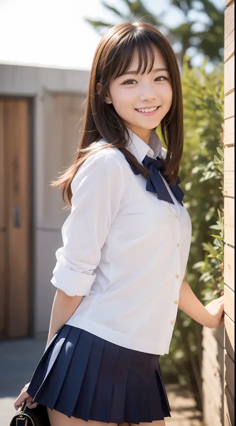 Enhanced dynamic perspective，Cute cute beautiful girl，JK school uniform，Look at me and smile，simple backgound，Works of masters，high qulity，4K分辨率，super-fine，Detailed pubic hair，Accurate，Cinematic lighting，
