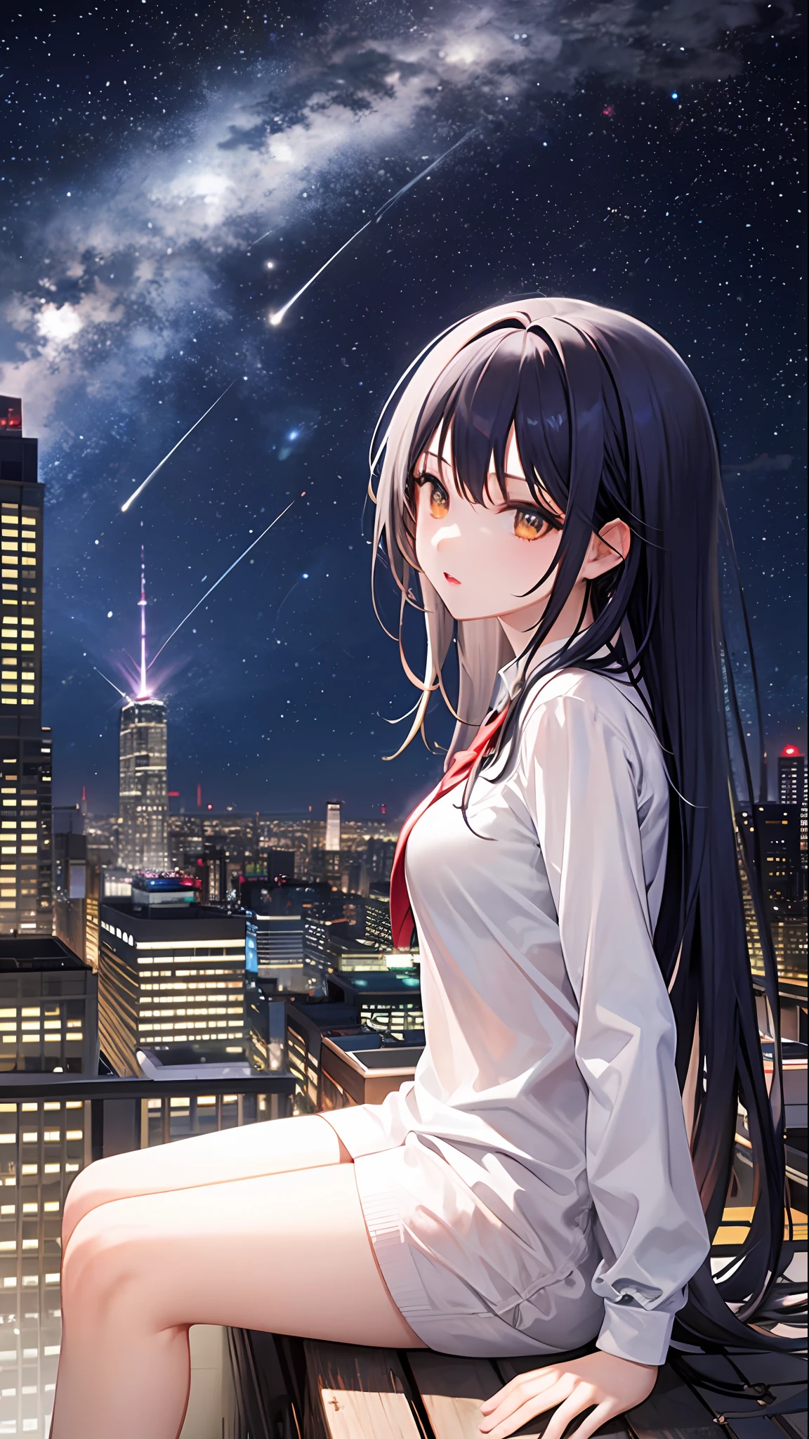 octans, sky, star (sky), scenery, starry sky, night, 1girl, night sky, solo, outdoors, building, cloud, milky way, sitting, tree, long hair, city, silhouette, cityscape