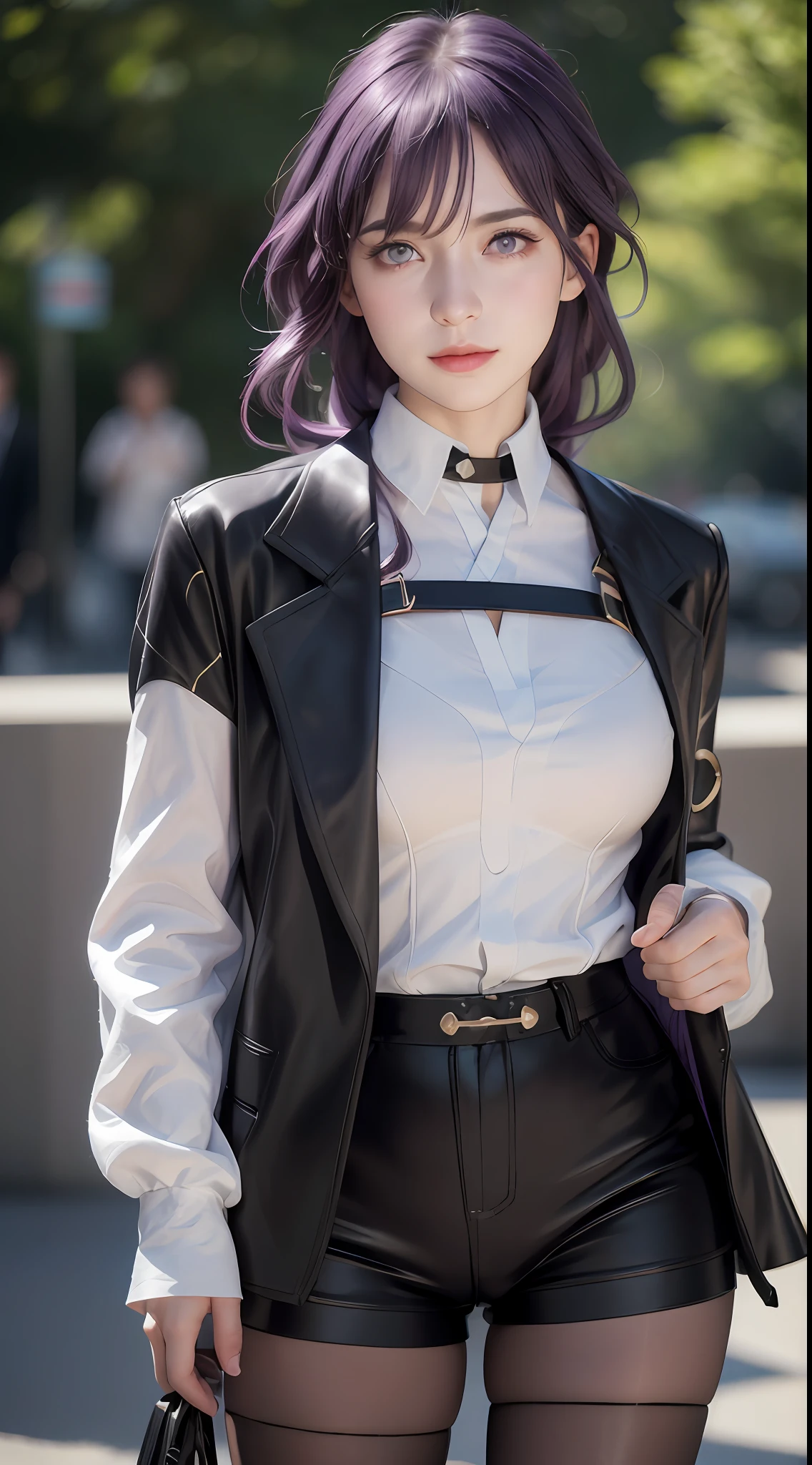 (photorealistic:1.4), raw photo, 1girl, purple eyes, purple hair, (eyewear on head), stellaron hunters outfit,  black jacket, jacket on shoulders, shirt, shorts, pantyhose, boots,deep shadow,  detailed face, detailed eyes, depth of field, bokeh, vibrant details, finely detailed, hyperrealistic, 35mm film, hazy blur,upper body,, masterpiece,ultra realistic,32k,extremely detailed CG unity 8k wallpaper, best quality