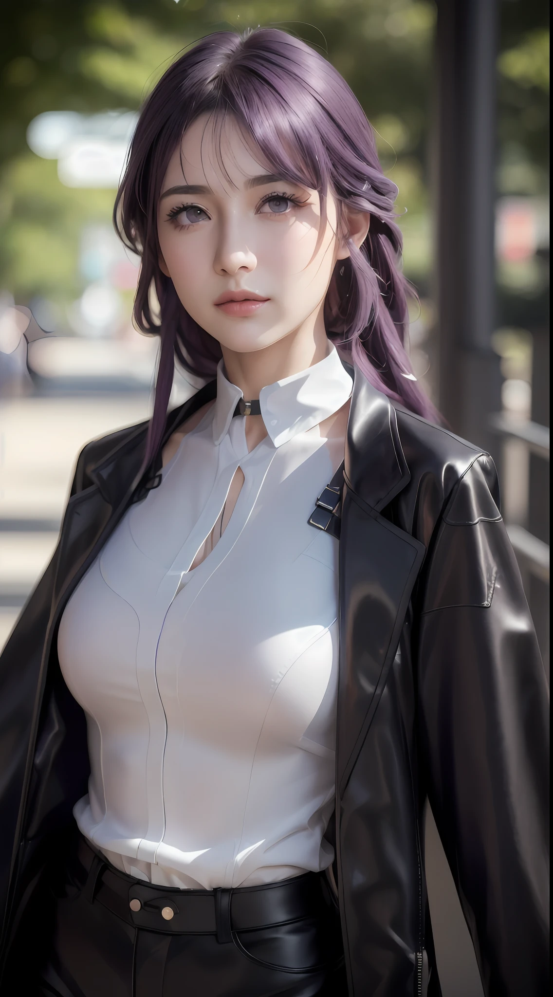 (photorealistic:1.4), raw photo, 1girl, purple eyes, purple hair, (eyewear on head), stellaron hunters outfit,  black jacket, jacket on shoulders, shirt, shorts, pantyhose, boots,deep shadow,  detailed face, detailed eyes, depth of field, bokeh, vibrant details, finely detailed, hyperrealistic, 35mm film, hazy blur,upper body,, masterpiece,ultra realistic,32k,extremely detailed CG unity 8k wallpaper, best quality