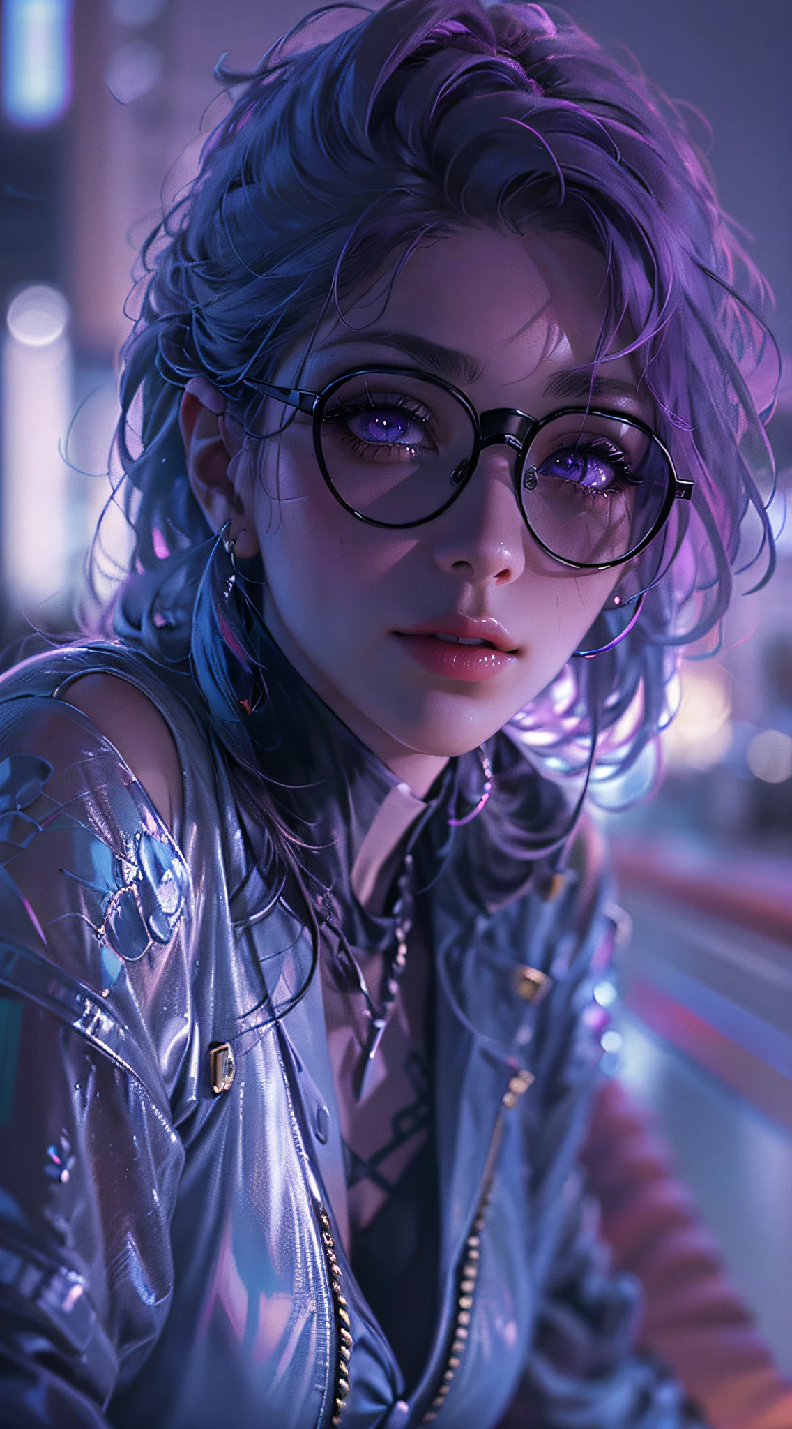 realistic,( photo-realistic), ultra hires, (masterpiece, top quality, best quality, official art, beautiful, raw photo, (high detailed skin:1.2), detailed woman face, kafka, purple eyes, purple hair, eyewear on head, long eyelashes, delicated eyebrows, beautiful lips, high detailed eyes