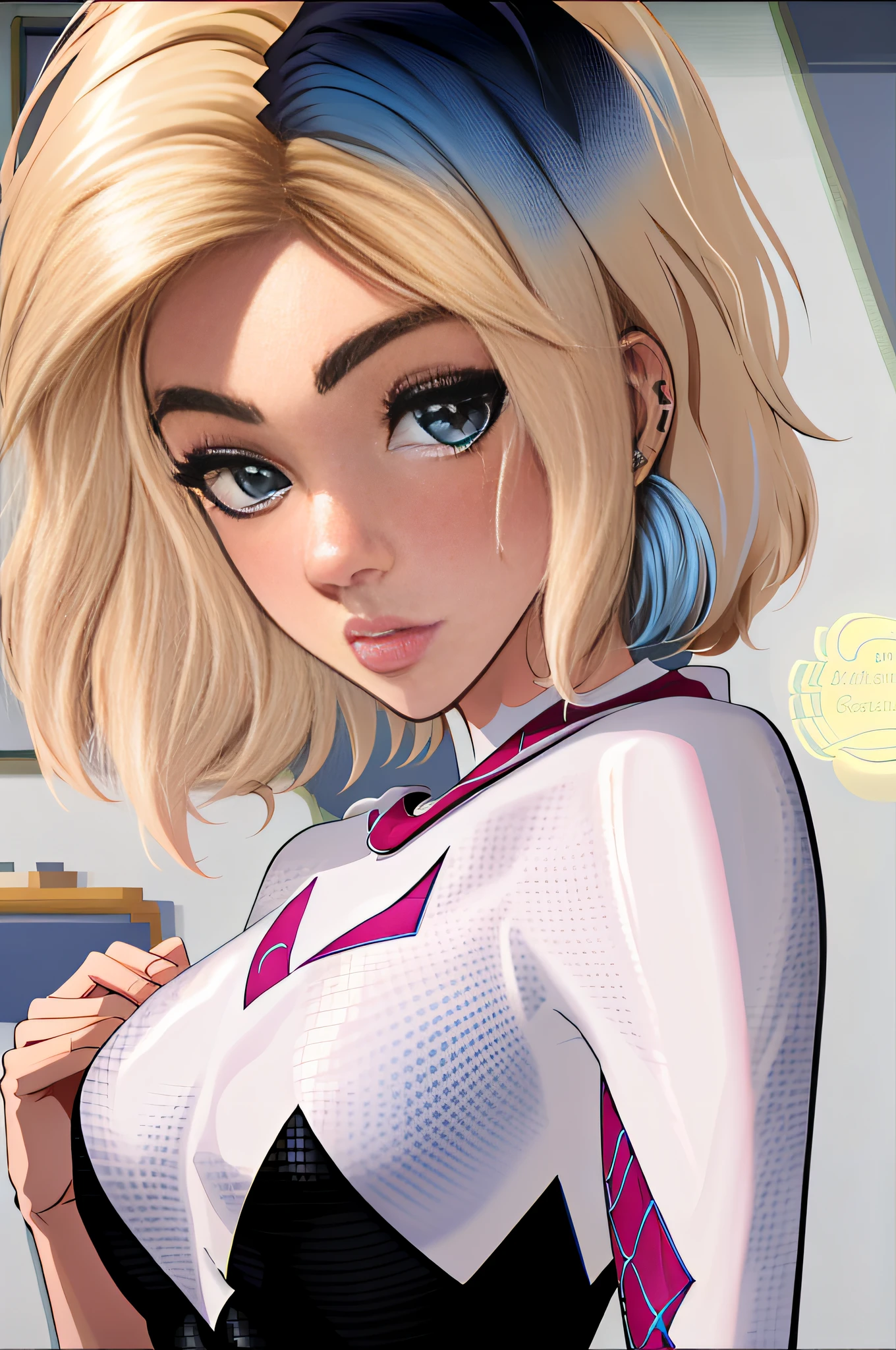 (Meisterwerk, beste Qualität),  komplizierte Details,
1 Mädchen,  Gwen Stacy, Blondes Haar , Blaue Haare , Kurzes Haar, Animation ,Augenbrauenpiercing 3DMM,