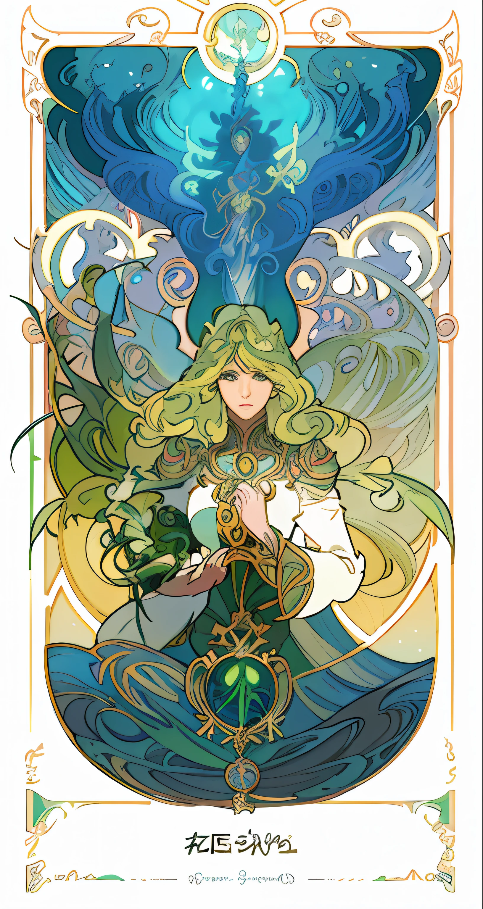 a drawing of a woman with a green hair and a green cape holding a light, alphonse mucha and rossdraws, in the art style of mohrbacher, anime art nouveau, trending on artstation pixiv, full art illustration, anime fantasy illustration, magic the gathering art style, digital 2d fantasy art, mucha. art nouveau. gloomhaven