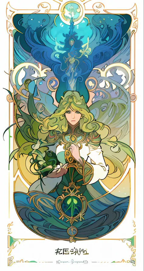 a drawing of a woman with a green hair and a green cape holding a light, alphonse mucha and rossdraws, in the art style of mohrb...