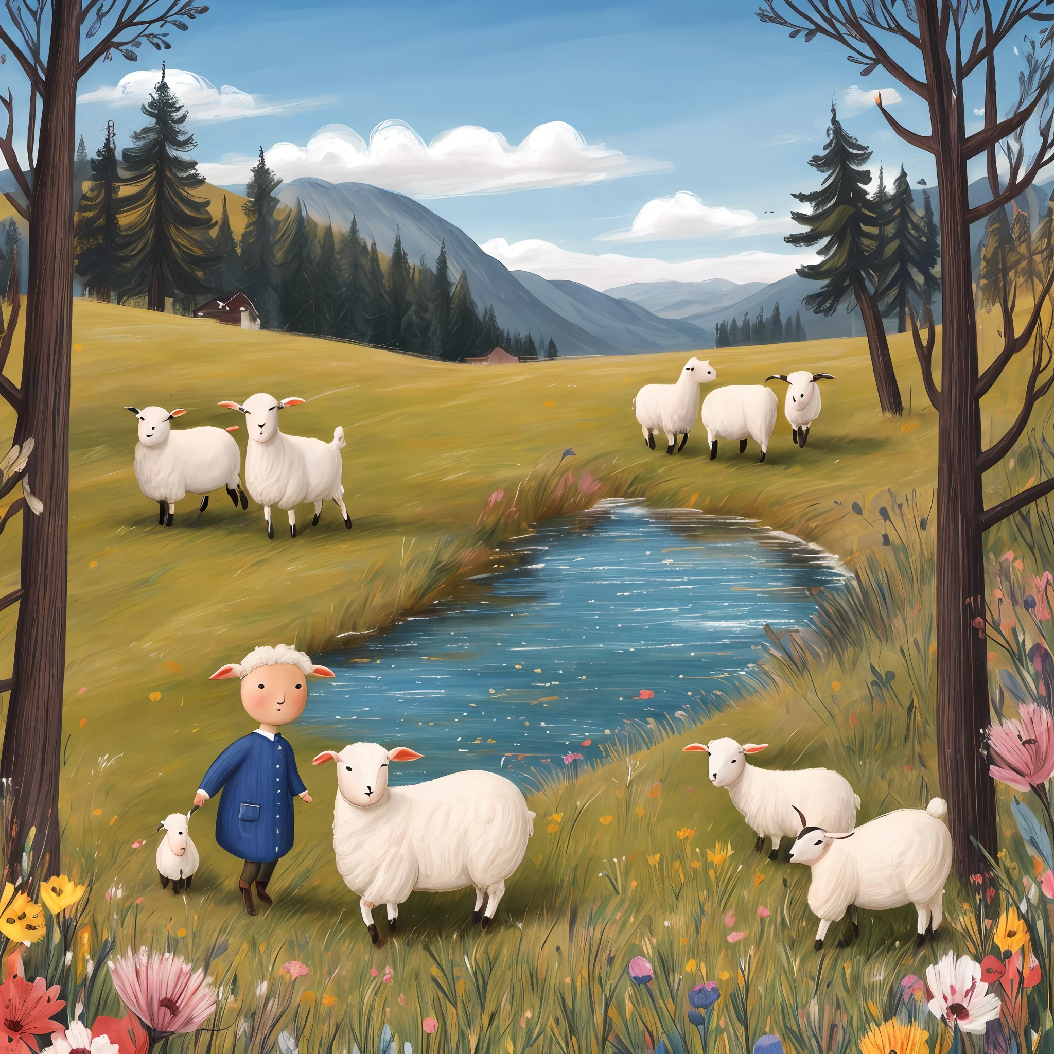 Create a heartwarming illustration of the Lost Lamb and its caring shepherd in a picturesque countryside scene. The lamb is depicted as fluffy and adorable, with a timid yet hopeful expression. The shepherd, portrayed as a gentle figure, is guiding the lost lamb back to safety with a kind and reassuring presence. Surround them with rolling hills, a peaceful stream, and a flock of contented sheep grazing nearby. Use the delicate and detailed style of Beatrix Potter to bring out the innocence and warmth of this tender moment. Let the illustration evoke a sense of comfort, guidance, and the enduring bond between a shepherd and their flock, reminiscent of Beatrix Potter's timeless illustrations in her beloved children's books."