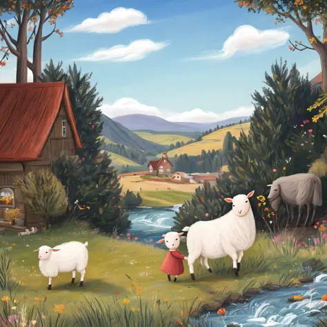 create a heartwarming illustration of the lost lamb and its caring shepherd in a picturesque countryside scene. the lamb is depi...