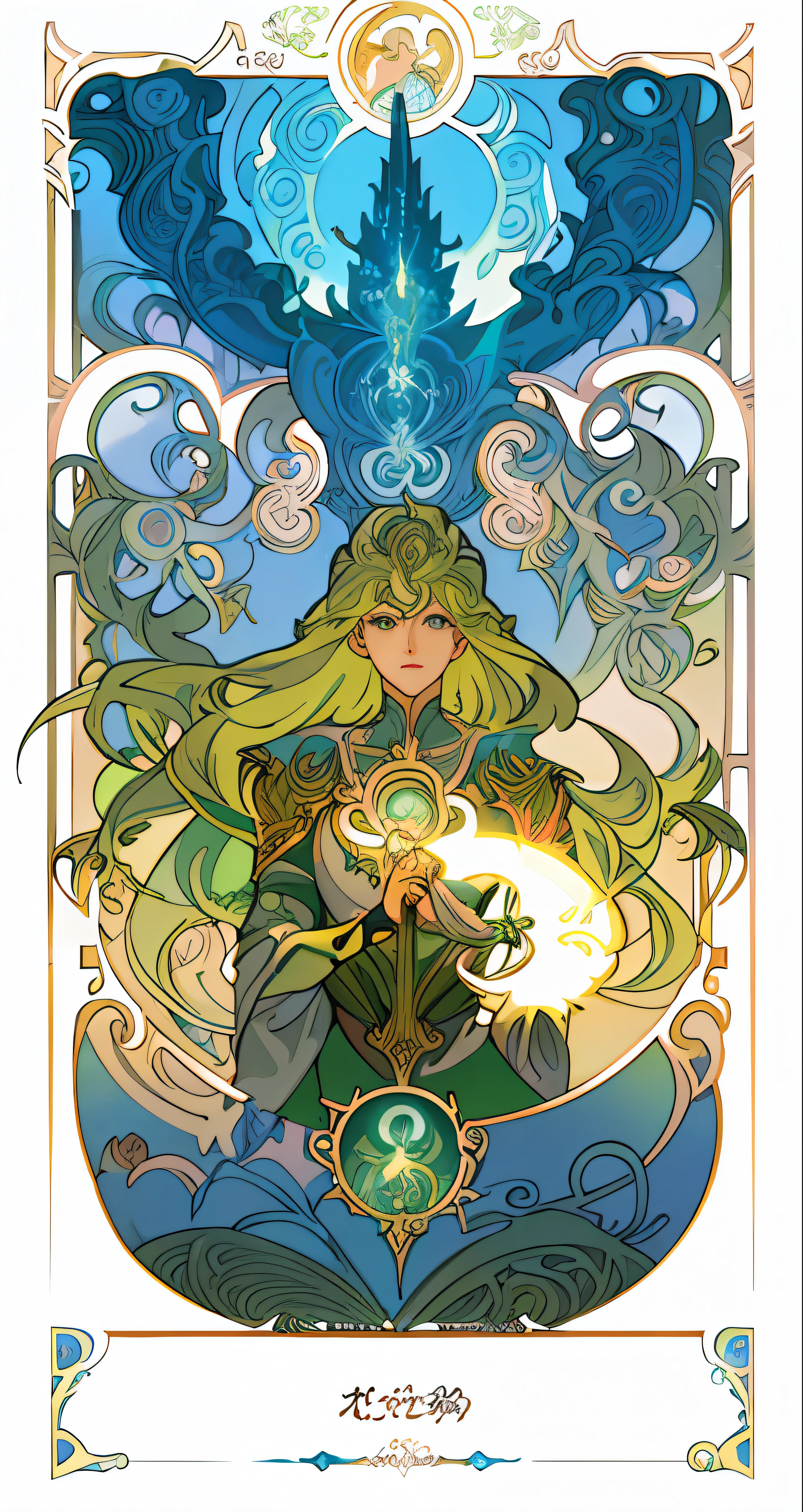 a drawing of a woman with a green hair and a green cape holding a light, alphonse mucha and rossdraws, in the art style of mohrbacher, anime art nouveau, trending on artstation pixiv, full art illustration, anime fantasy illustration, magic the gathering art style, digital 2d fantasy art, mucha. art nouveau. gloomhaven