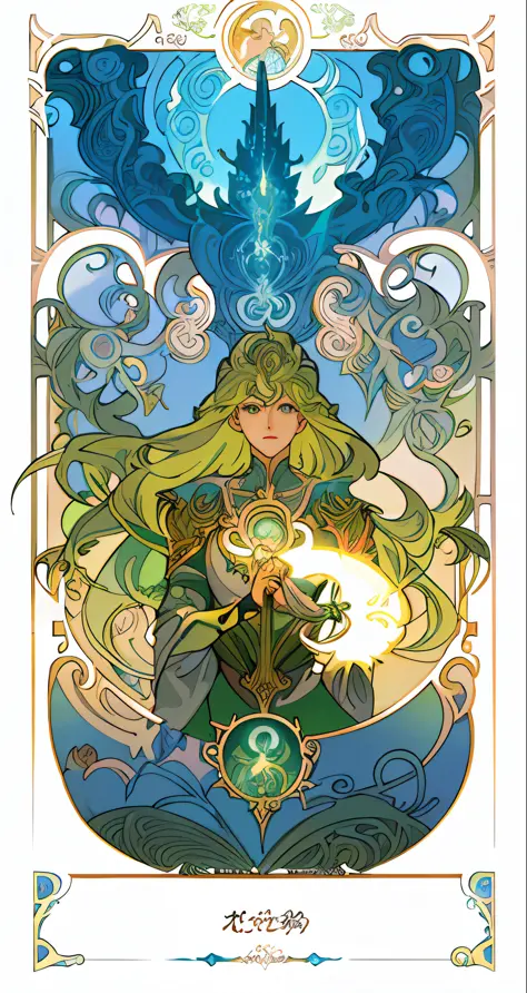 a drawing of a woman with a green hair and a green cape holding a light, alphonse mucha and rossdraws, in the art style of mohrb...