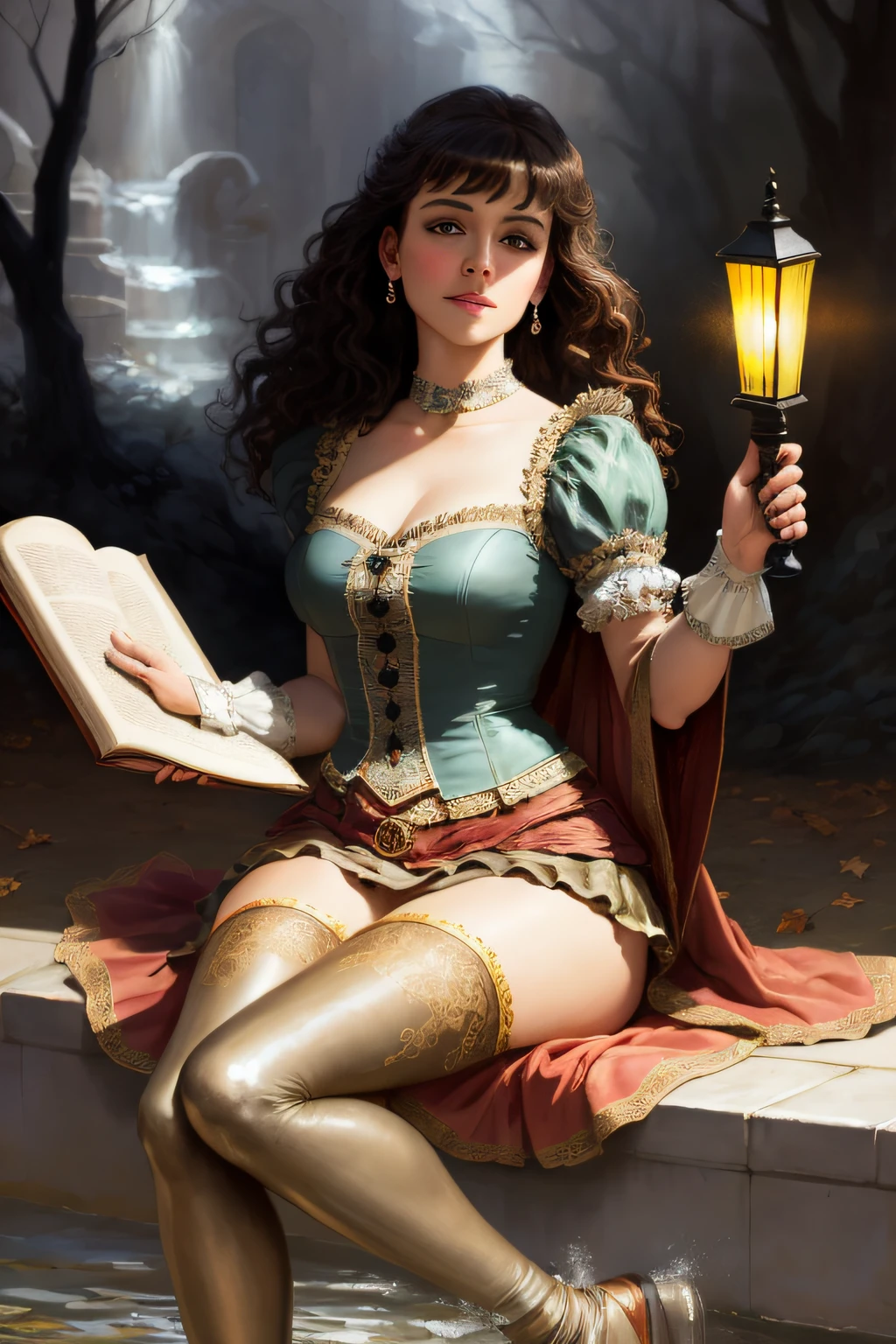 art by Ralph Horsley green spirit, splahs, digital art, Jean-Baptiste Monge style, bright, beautiful, splash, Glittering, cute and adorable, filigree, rim lighting, lights, extremely, magic, surreal, fantasy, digital art, wlop, artgerm and james jean, (beautiful full body woman closeup) night light, half moon, garden with medieval buildings, fantasy, mystery, fog. mujer desnuda, senos grandes, nalgas grandes, dama desnuda, old lantern, old lamp, epic,beautiful caucasian girl full body close-up, bare skin, skin wet with water, long black hair and curly hair,,(Masterpiece, best quality, high quality, extremely detailed CG unity 8k wallpaper), the mysterious and fascinating scene of the fantasy forest, towering trees, glowing mushrooms and hidden fairies, creating a sense of mystery and enchantment, warm colors, Art style, oil painting, HDR, rich detail and emotion, added depth and dimension, blurred depth of field, softened colors, detailed textures, stunning artwork, midjourney art., Masterpiece, highest quality, (highly detailed CG Unity 8K wallpaper), (highest quality), (best illustration), (best shadow), forest theme incorporating elements of nature. Surrounded by tall trees, quiet streams, glowing little mushrooms, delicate leaves and branches, glowing particle effect with fireflies, (natural elements), (jungle theme), (leaves), (branches), (fireflies), butterflies, (delicate leaves), (glow), (particle effects), isometric 3D, octane rendering, ray tracing, ultra detail, full body, detailed oil painting by Pino Daeni, Daniel F. Gerhartz, Edward Steichen, Van Gogh, close-up girl lying on the grass with an open book, cute caucasian girl face, autumn, falling leaves, field, light solar, sunbeams,highly detailed, intricate feeling of peace and calm, intricate full body pose, oil painting, thick strokes, soft impressionism, mannerism, vibrant colours, masterpiece, high quality, black vikini,