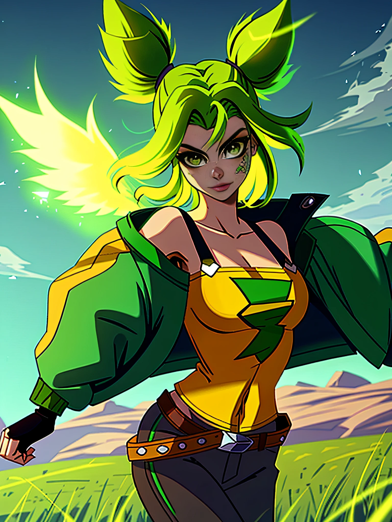 grass, sky, (field), zeri \(league of legends\), league of legends, 1girl, solo, green hair, twintails, bangs, parted bangs, green eyes, bandaid on face, collarbone, bare shoulders, off shoulder, long sleeves, breasts, jacket, blue jacket, open clothes, open jacket, orange tank top, midriff, gloves, black gloves, fingerless gloves, pants, black pants, belt,