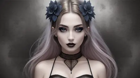 (master part), melhor qualidade, (Escuro + lo gothic) Estilo, high resolution, (mulher necromante), (pale skin + olheiras sob os olhos), (cabelos pretos longos:1.2), olhos amarelos, (smoky makeup:1.2), (lingerie preto elegante), (holding a skull), (emitind...