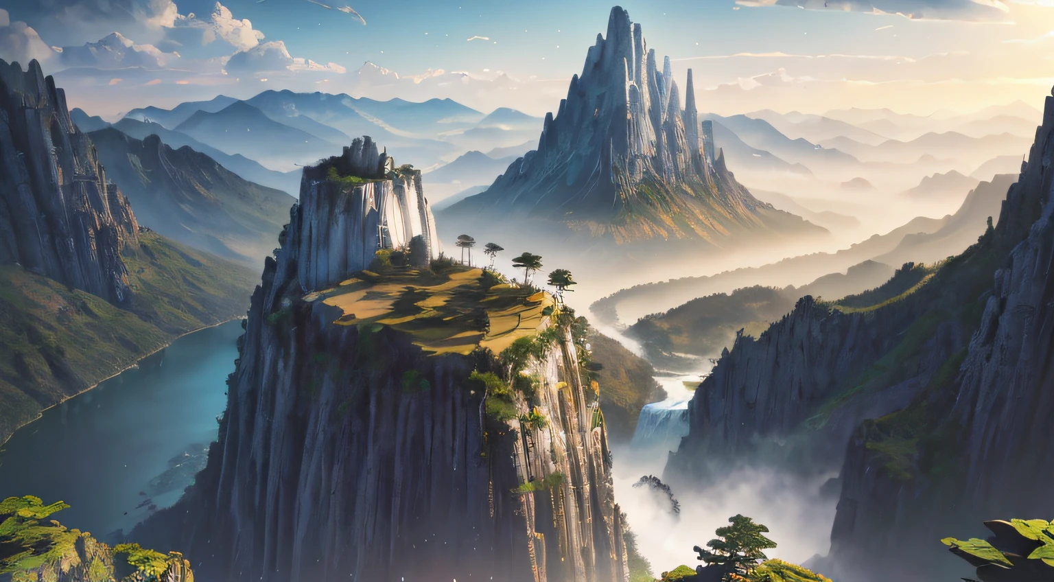 masterpiece, extremely detailed CG unity 8k wallpaper, scenery, outdoors, sky, day, no humans, mountain, landscape, water, (tree:1.2), blue sky, waterfall, cliff, nature, Mountain mist, (sunset:1.2), stone bridge on the hill, lake, river, award winning photography, HDR, extremely detailed, trending on artstation, (light_rays:1.2),(Plants cover mountains:1.2),strending on CGsociety, Intricate, dramatic, motion blur, depth of field, cinematic lighting, chiaroscuro, ray tracing, Bokeh, Depth of Field, bloom, Chromatic Aberration, Photorealistic, High Detail, award winning, best quality, best quality, high quality ,