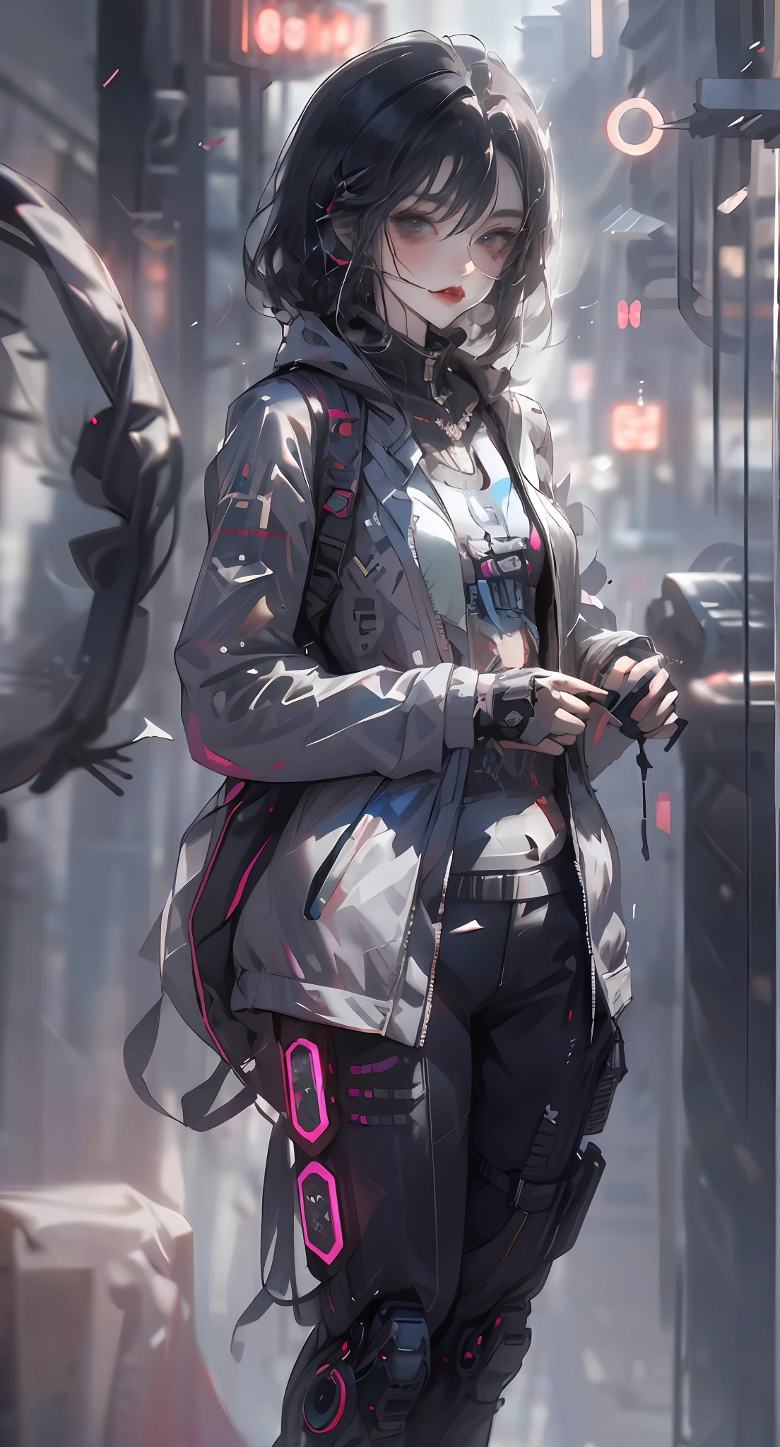 Anime girl standing on city street in futuristic costume, Digital cyberpunk anime art, cyberpunk anime girl, cyberpunk anime girl in hoodie, cyberpunk anime girl mech, female cyberpunk anime girl, digitl cyberpunk - anime art, cyberpunk theme art, cyberpunk anime art, muted cyberpunk style, Cyberpunk art style, anime cyberpunk art, detailed cyberpunk illustration, Cyberpunk vibe, cyberpunk artstyle