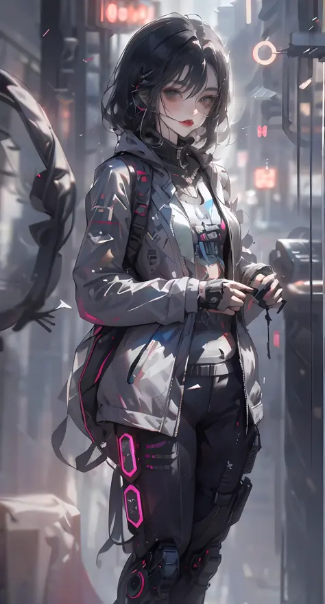 Anime girl standing on city street in futuristic costume, Digital cyberpunk anime art, cyberpunk anime girl, cyberpunk anime gir...
