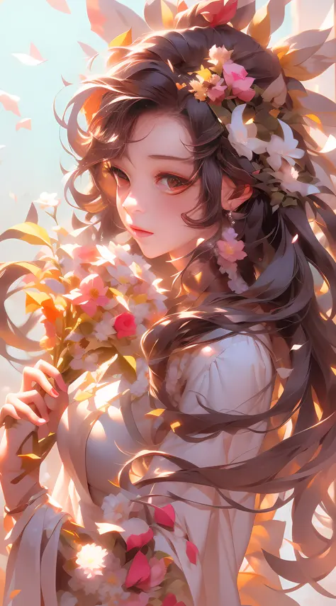 anime girl with flowers in her hand and a bird on her shoulder, guweiz, guweiz on pixiv artstation, guweiz on artstation pixiv, ...