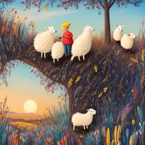 create a gripping illustration of a lost sheep and its caring shepherd in a picturesque countryside scene. the little sheep is d...