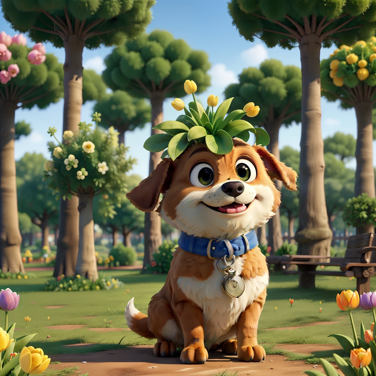 (Cute puppy:1.2), ssmile, Bushy and smooth coat、personification, Mushroom cap on the head, rendered:(charicature:1.3,Production Movie, the pose:(Lively:1.2, amusing), modeled:(ultra-quality:1.2,8K,Orthographic view),tulips, blue-sky, for the background(A park full of greenery:1.1),｛Complex and ultra-detailed, Giuseppe Arcimboldo｝