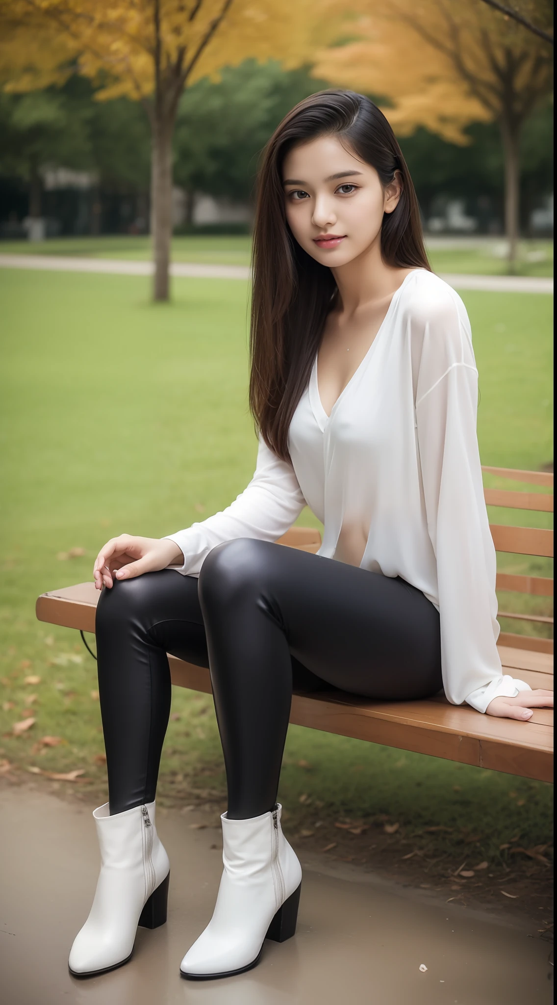 Araffe sitting on a bench in a park with a white top - SeaArt AI