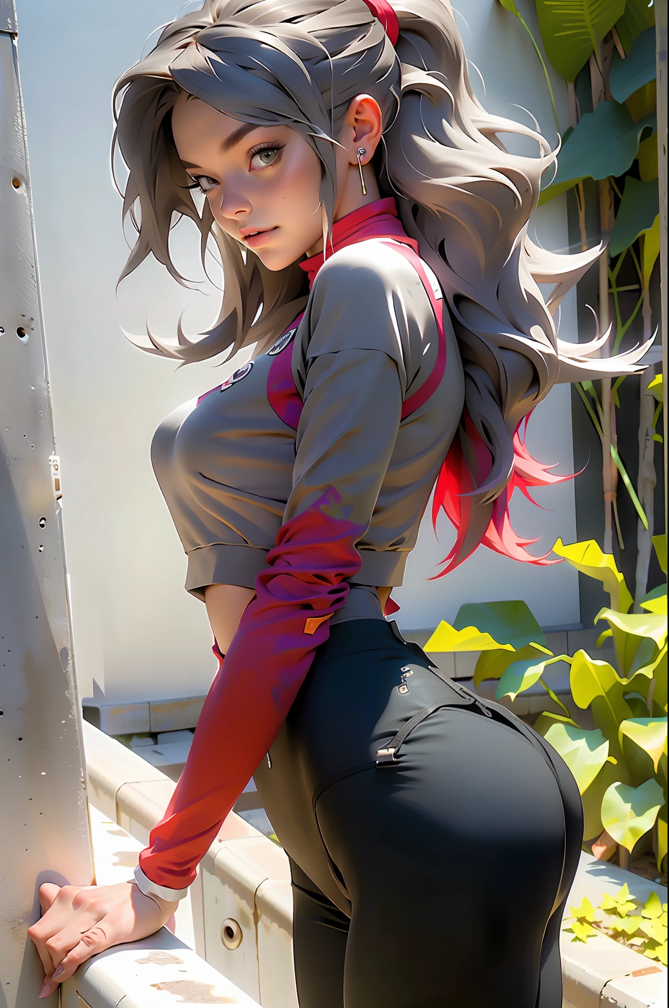 sfw,best quality, ultra high res,ultral detailed face and eyes, (photorealistic:1.4), blurry background,1girl,from side, put  hands behind  back,16 years old girl,teenage,school uniform,from beside,(black:white:green yoga pants), (light brown:red:grey hair:1.4), looking at viewer, smiling, cute, huge ass,(long legs:1.2),huge breast,narrow waist,crossing the wall,cameltoe,