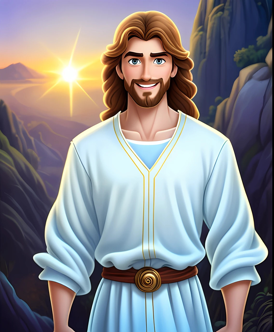 Qualidade de arte original, foto de corpo inteiro, Estilo de animação de personagens da Disney, jovem e bonito Jesus Deus, postura em pé, mãos naturalmente colocadas em ambos os lados, olhando para frente, expressão gentil e sorridente, olhos cheios de luz, fundo azul claro, Translúcido, com luz como tema, o foco da luz está nos personagens, a imagem geral é fresca e brilhante.