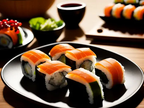 20 piezas Sushi en primer plano. Alta calidad, ultra detalles, hyperrealista con copa de vino en bokeh