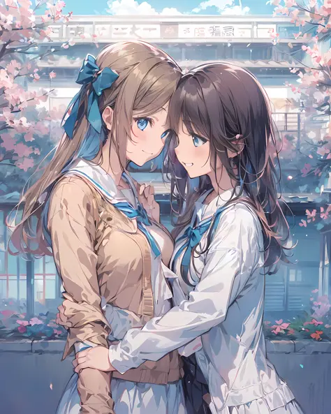 Illustration of two high school girls hugging each other, Backhug illustration, cheek to cheek, A tall girl hugging a short girl...