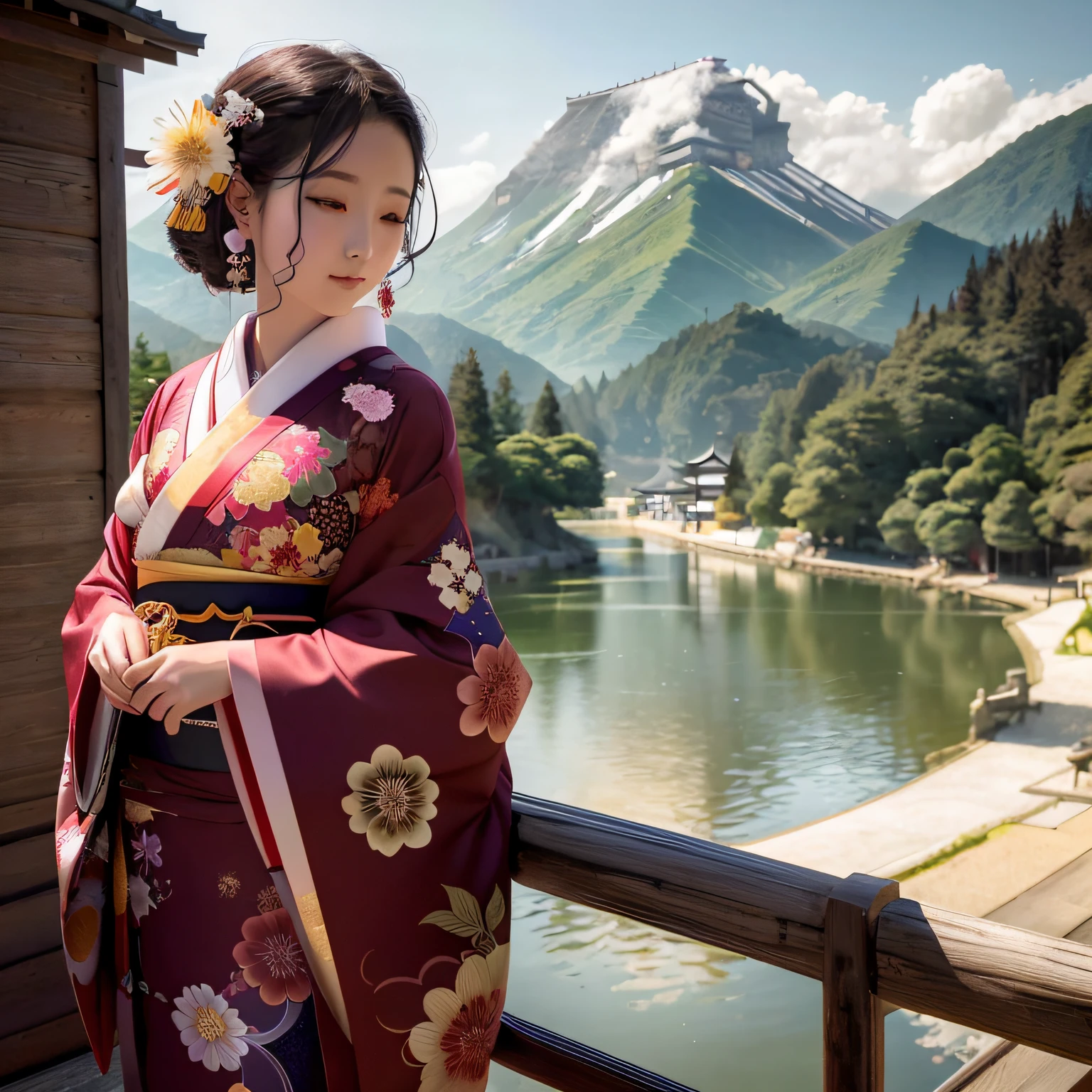 There's a woman in a kimono standing on a bridge, palace ， Uma menina em Hanfu, beleza tradicional, Deusa japonesa, Japanese kimono, em quimono, Mulher japonesa, Menina chinesa, em um quimono, mulher japonesa elegante, trending on 500px, trending on 5 0 0 px, nobresa japonesa, realista japonesa, usando quimono, olhos fechados