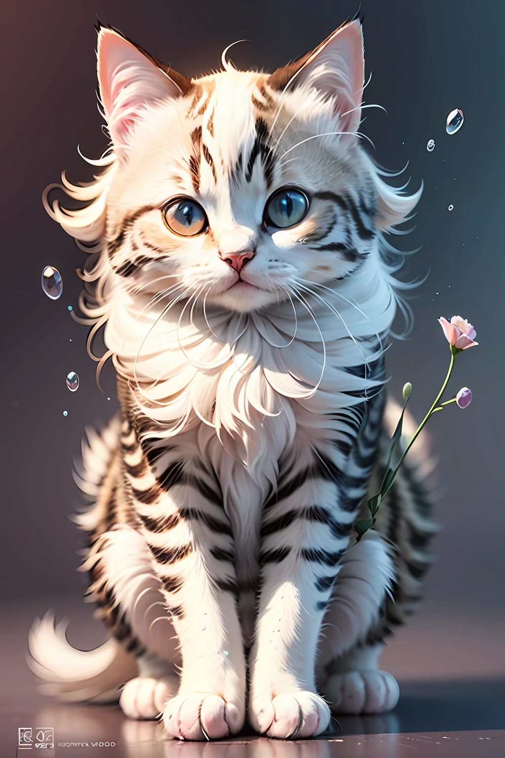 detailed illustration, cute and vivid kitten, fantasy flower splash, in Studio Ghibli style, pastel tetradic colors of white and lilac flora, 3D vector art, cartoon fantasy cat, cute. --auto --s2