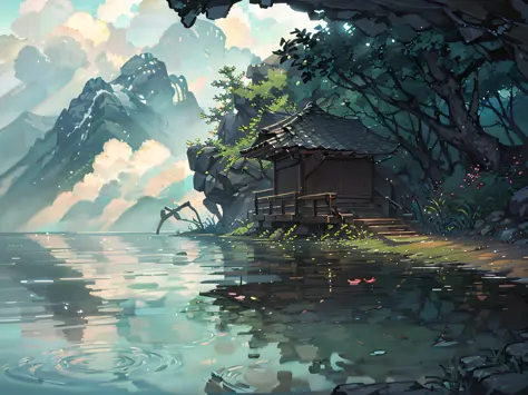 Chinese ancient times, spring, jungle, lake, cave, waterfall, tree, meadow, rock, deer, hot spring, water vapor, (illustration: 1.0), epic composition, realistic lighting, HD details, masterpiece, best quality, (very detailed CG unified 8k wallpaper) --aut...