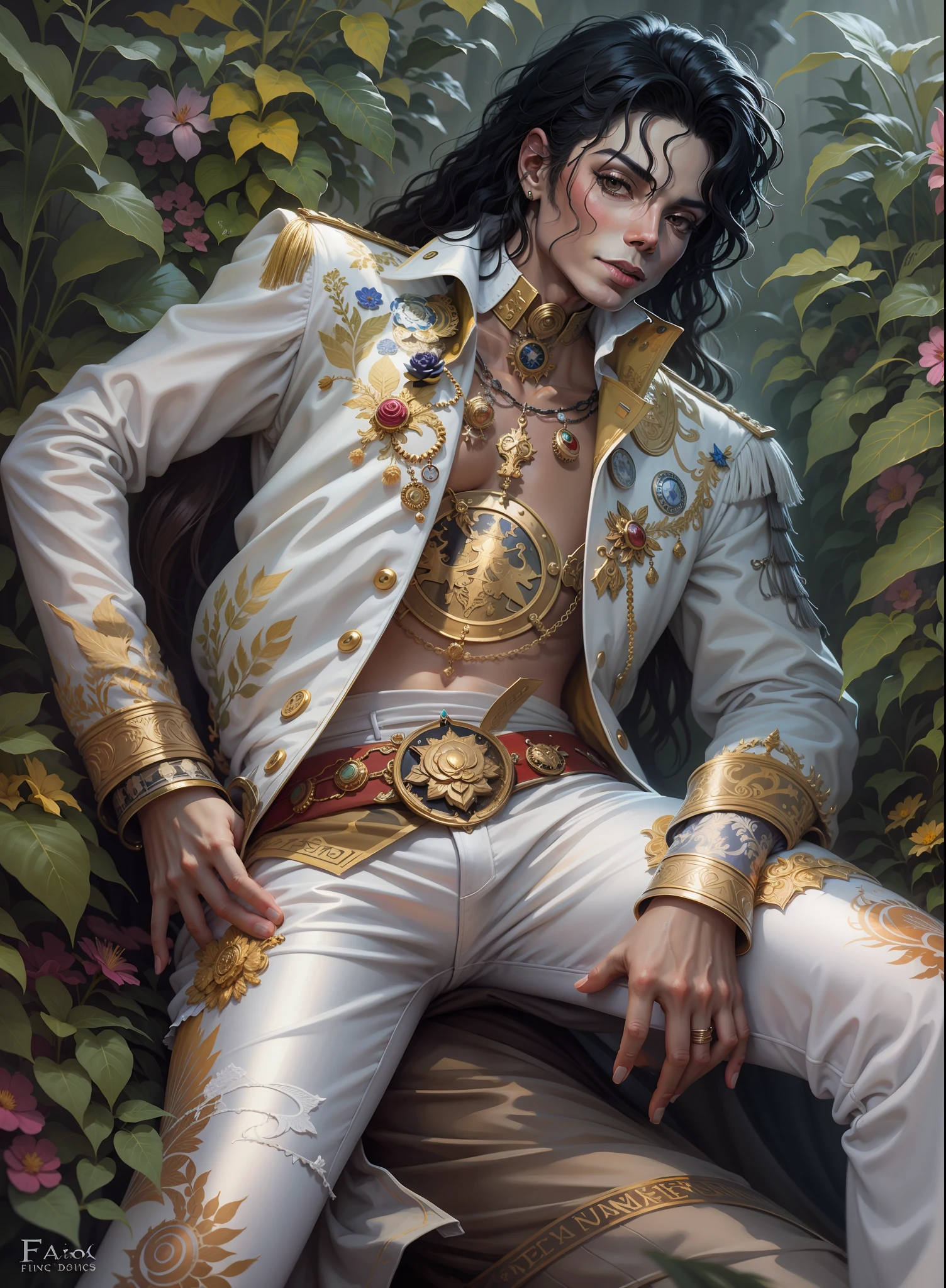 Pintado por Anne Stokes,(michael jackson, detallado),(Fantasía, Onírico, surrealismo),(Muy bonita),(tendencia en artstation),ángulo bajo,Pintado por Anne Stokess