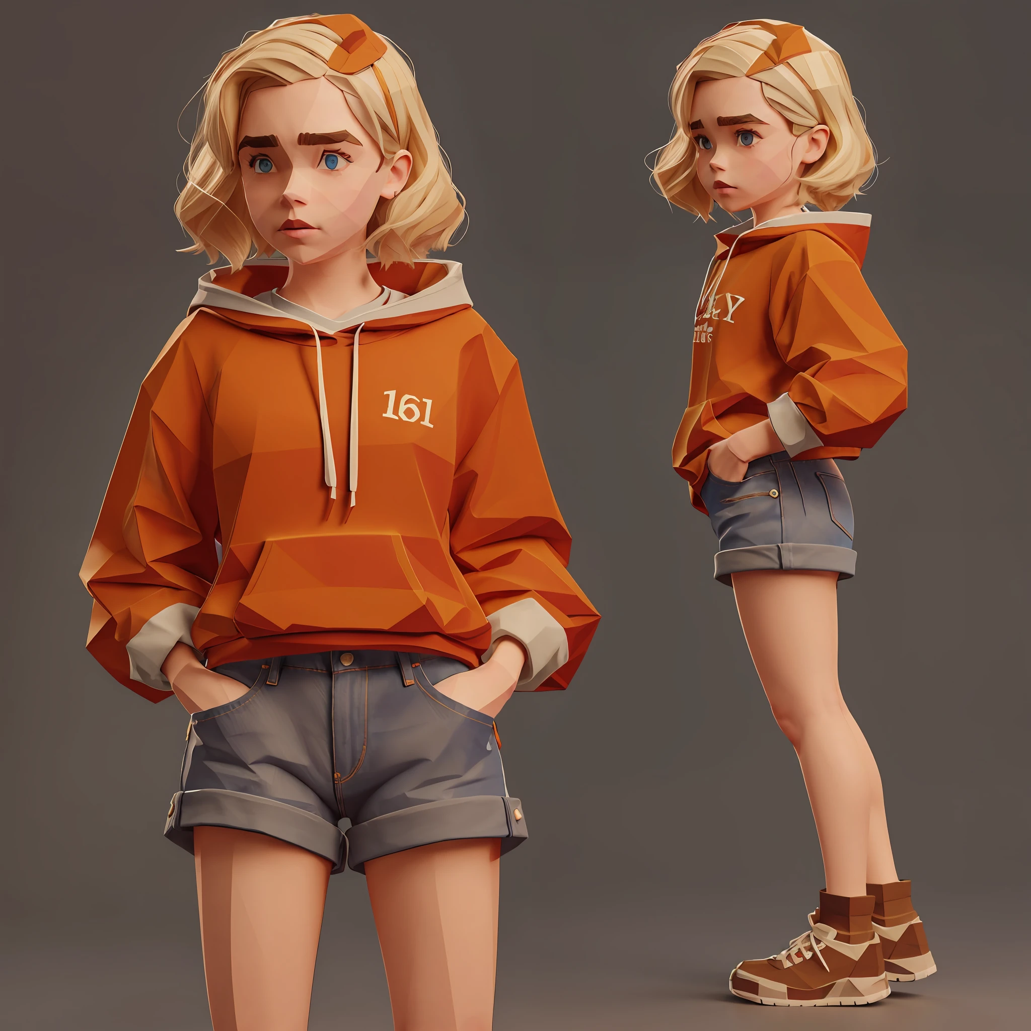 "16 Jahre alt" Mädchen ("Kiernan Shipka") trägt ein rotes Sweatshirt und Jeansshorts, kurzes blondes Haar im Pixie-Stil, dicke Augenbrauen, gerötete Wangen, Ganzkörper, 3D-Lowpoly-Stil, Niedrige Poly, PS1-Spielstil, Fokus schärfen, UHD, hohe Details, beste Qualität, highres, 8k