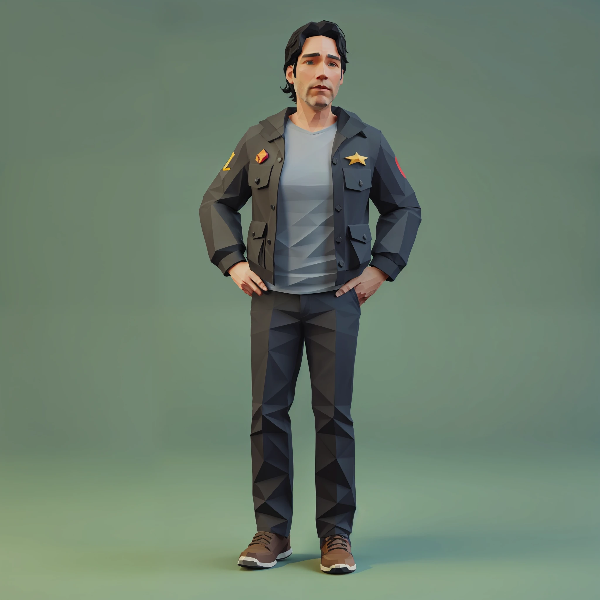 "4" hombre ("Paul Rudd") Usar ropa casual sencilla, pelo negro, cuerpo completo, estilo 3d de baja poli, baja poli, estilo de juego ps1, HD, detalles altos, mejor calidad, alta resolución, 8K