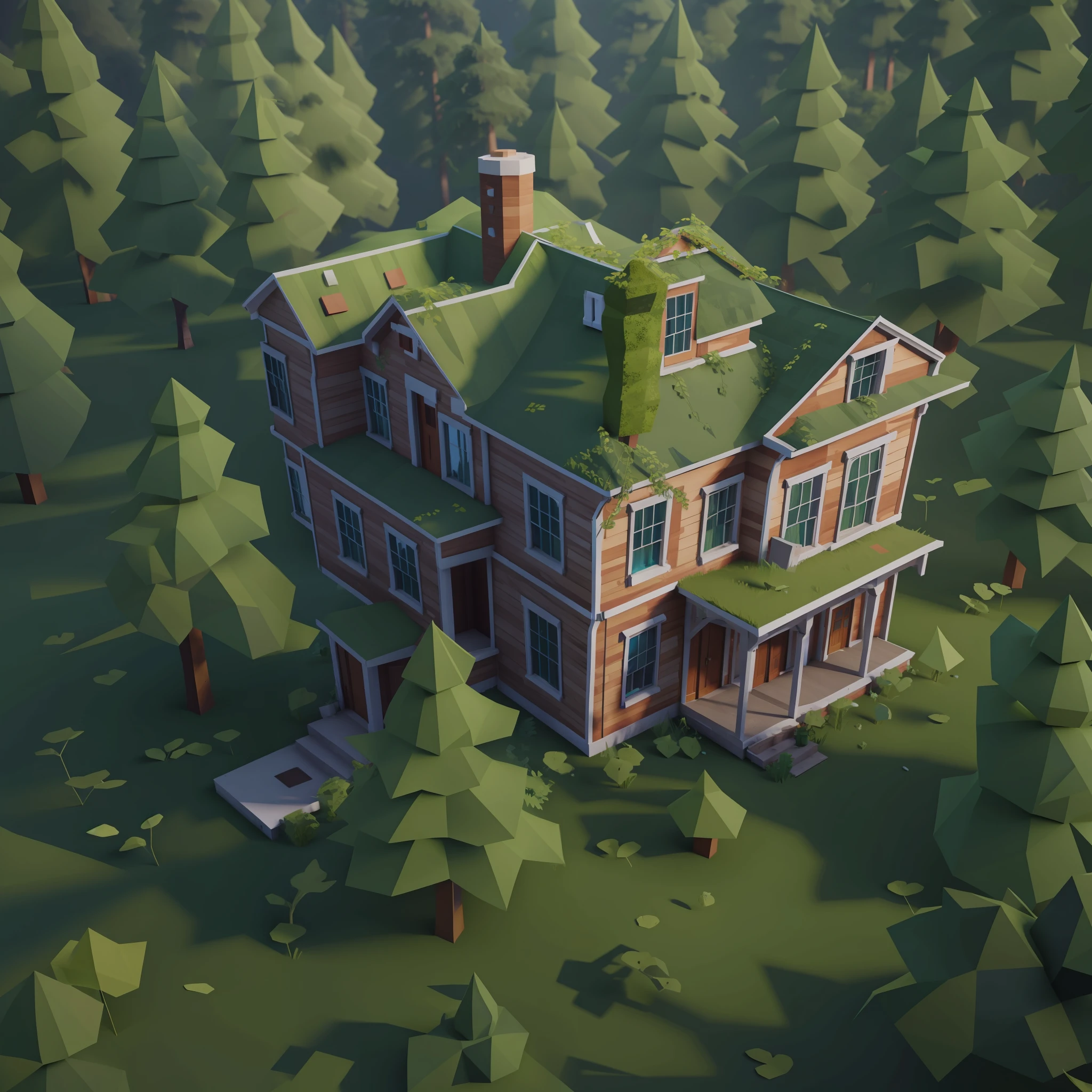 altes verlassenes großes Haus im Wald, 3D-Lowpoly-Stil, Niedrige Poly, PS1-Spielstil, UHD, hohe Details, beste Qualität, highres, 8k