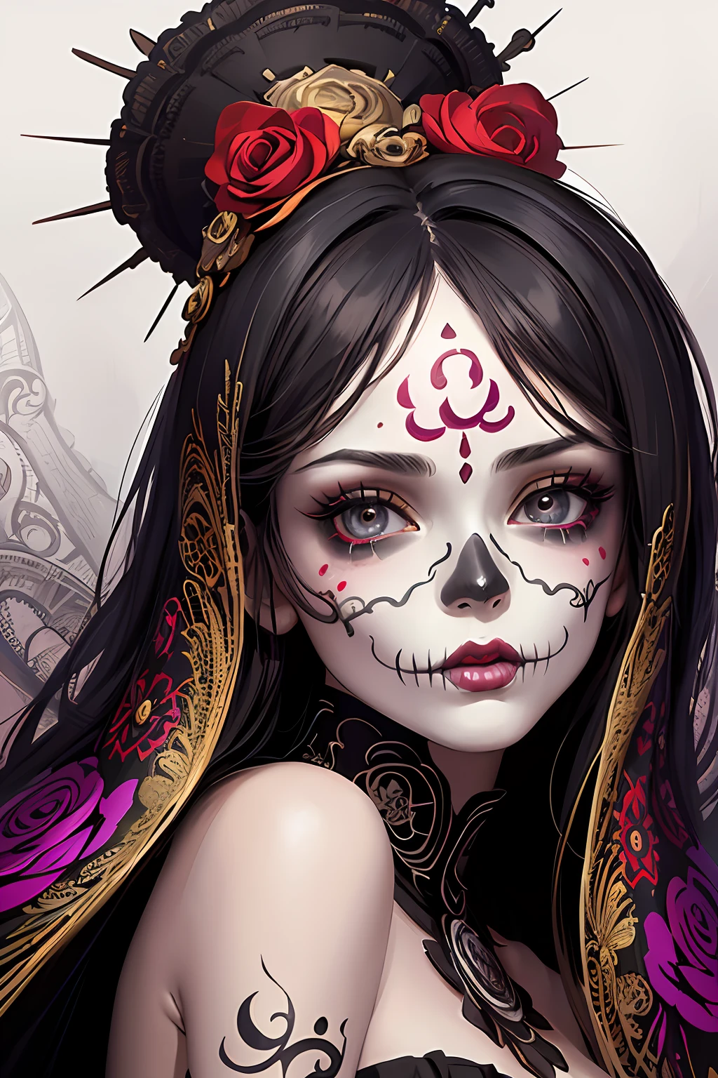 day of the dead girl with sugar skull painted face  (masterpiece, top quality, best quality, official art, beautiful and aesthetic:1.2), (1girl), extreme detailed,(fractal art:1.3),colorful,highest detailed