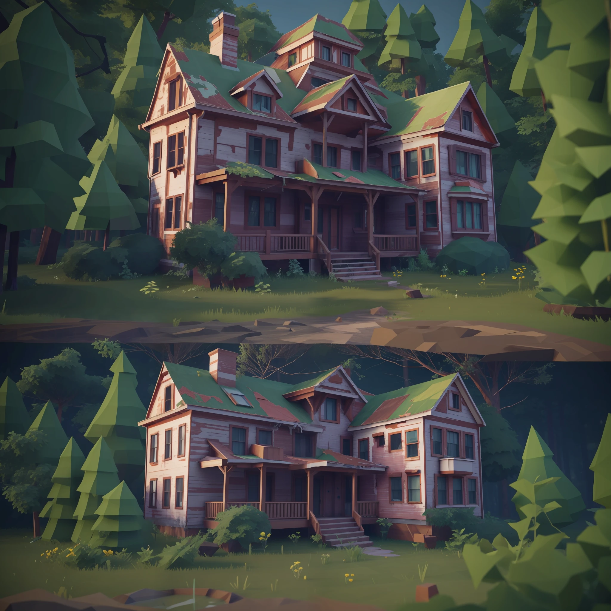 старый заброшенный большой дом в лесу, 3D низкополигональный стиль, низкополигональная, стиль игры для пс1, UHD, высокая детализация, Лучшее качество, Высокое разрешение, 8К