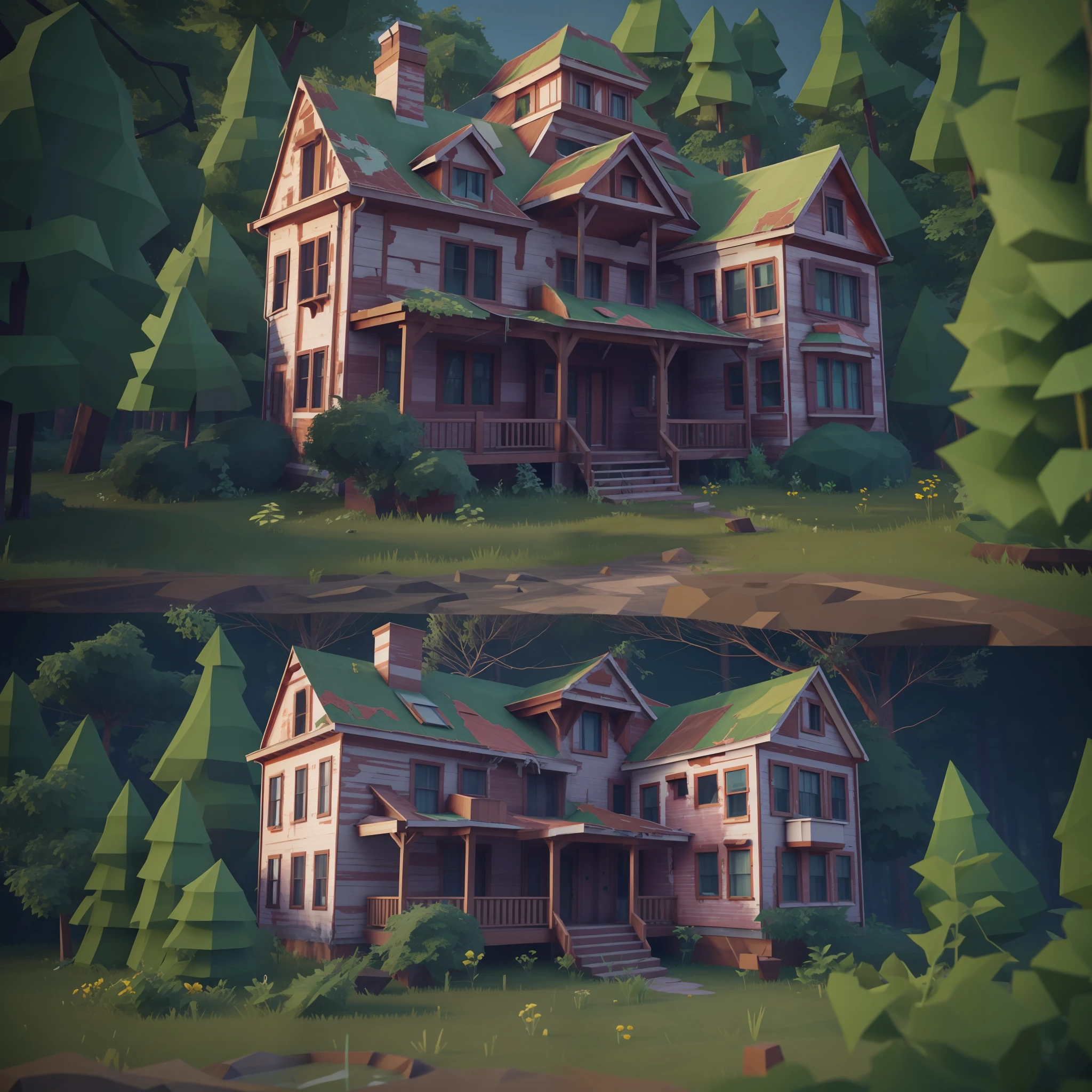 altes verlassenes großes Haus im Wald, 3D-Lowpoly-Stil, Niedrige Poly, PS1-Spielstil, UHD, hohe Details, beste Qualität, highres, 8k