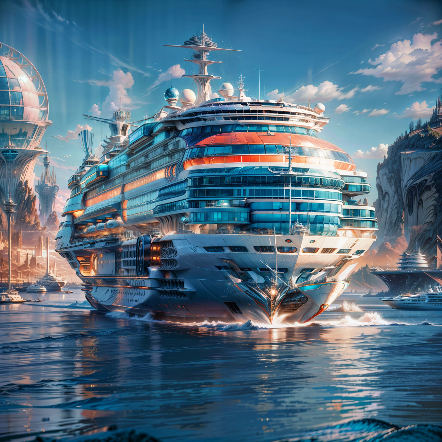 (a futuristic cruise ship leaves the harbour), Masterpiece, Best Quality, High Details), (HDR, high dynamic range), octane render, subsurface scattering, radiant light rays, realistic shadows, vibrant colors, (1970retrofuturism)