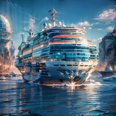 (a futuristic cruise ship leaves the harbour), Masterpiece, Best Quality, High Details), (HDR, high dynamic range), octane rende...