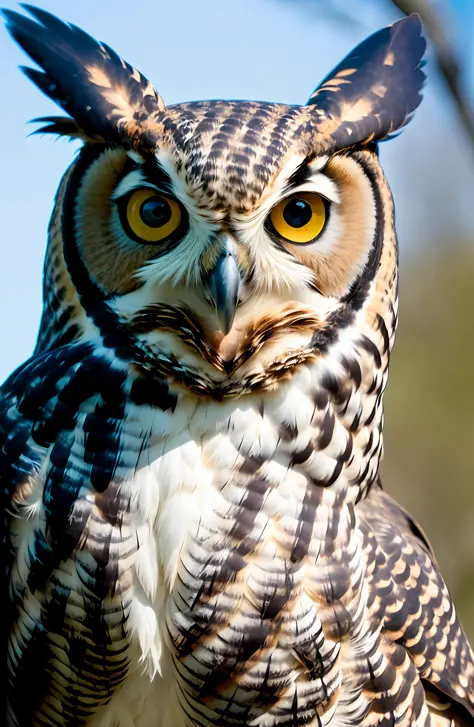 Great horned owl, red expressive eyes, bright day, photogyperrealism, realistic hair, fine detail, Cinematic, light, natural textures, photography, Nikon D750, 8K, HDR, (the most beautiful portrait in the world:1.5)