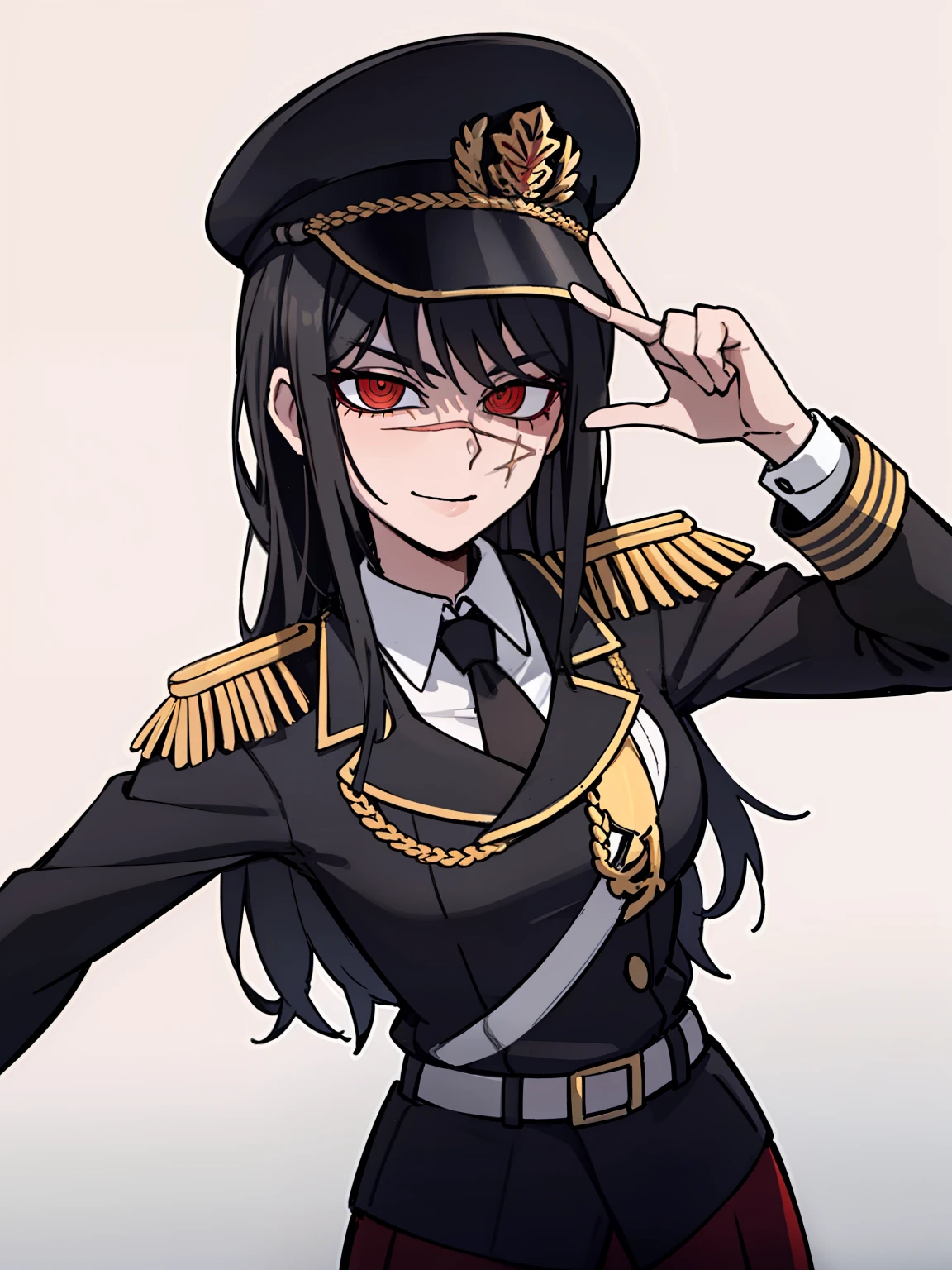 (masterpiece, best quality: 1.2), Solo, 1girl, Yoru \(Chainsaw Man\), looking at the viewer, different poses, red eye, long hair, completely black hair, reference to clothing of a German WWII general, black long sleeves (best quality), scar on face, beautiful eyes, has only 2 arms, has war medals on his clothes,  Black Military Cap, Golden Eagle Medal on Clothing, (Wallpaper), (8K HD), (8K HD), Golden Shoulder Pads, Sprites, 1 Single Design (obra maestra, mejor calidad: 1.2), Solo, 1girl, Yoru \(Chainsaw Man\), mirando al espectador, sonrisa, feliz, diferentes poses, cuerpocompleto, cuerpo dentro de la vision de la foto, ojos rojos, cabello largo, cabello completamente negro, reference to clothing of a German general from World War II, mangas largas negras (mejor calidad), cicatriz en la cara, hermosos ojos, tiene solo 2 brazos, tiene medallas de guerra en su ropa, Gorra militar negra, Golden Eagle Medal in Dress, (fondo de pantalla), (8K HD), (8K HD), hombreras doradas, sprites, 1 single design