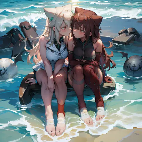 two girls kiss affectionately on the beach, while the water gently washes around her feet. the bright sun accentuates her big br...