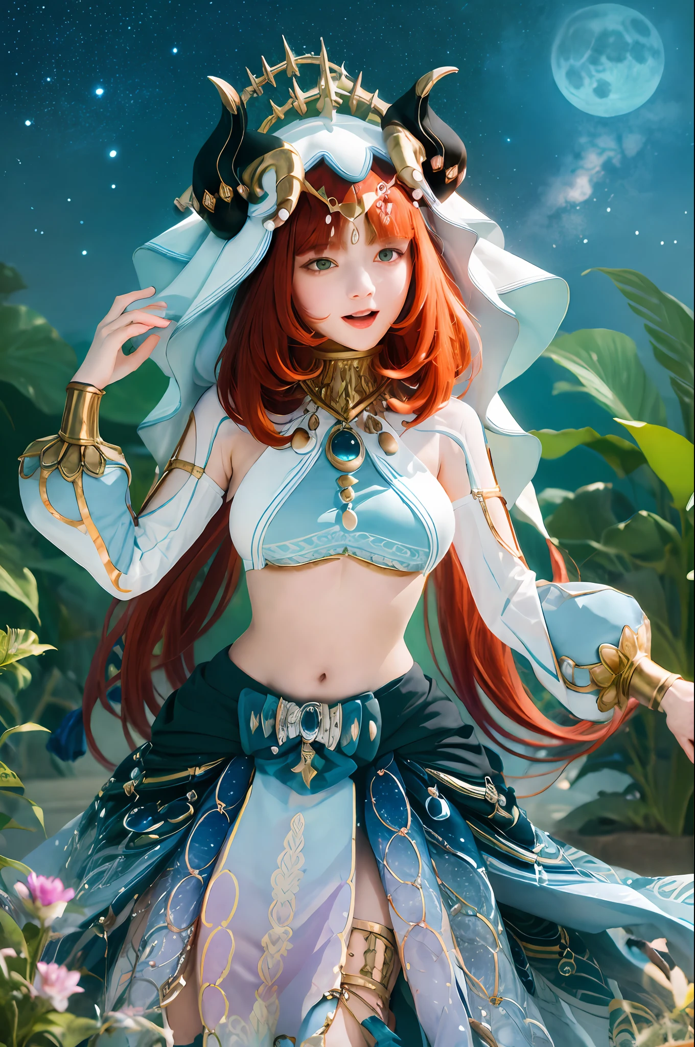 (Realistic painting style:1.1)、​masterpiece、top-quality、absurderes、nilou(Neither flowers nor mist)(GenshinImpact)、aqua eyes、nilou(GenshinImpact)、fake horns、1girl in、solo、huge tit、red hairs、veils、a smile、a moon、length hair、croptop、jewely、banya、natta、bracers、brooches、long-sleeve、puffy long sleeves、looking at the viewers、skirt by the、bangss、Twin-tailed、water、puffy sleeves、Skysky、neck rings、open open mouth、 :d, fullmoon, nigh sky, florals, harem outfit, gold trim, partedbangs, Raise your arms, breastsout, circlet, Plein Air, a blue skirt, hair adornments, Independent sleeves, low twintails, Floating hair, gem stones, flower in hair, blue gemstone, hand up, dancers, White cap, tiny chest, stomach, Midriff, cowboy  shot, blue bow, Very long hair